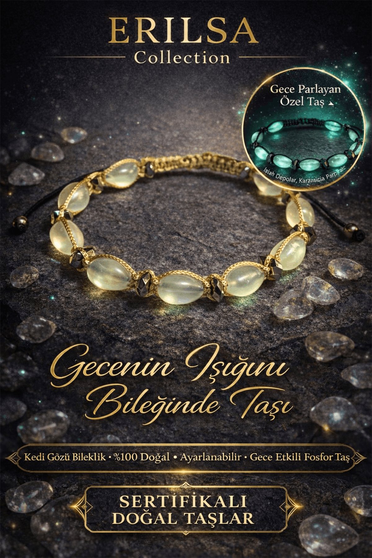 Sertifikalı Kedi Gözü Bileklik - 10mm Arpa Kesim Fosforlu Gece Parlayan Akrilik Kehribar