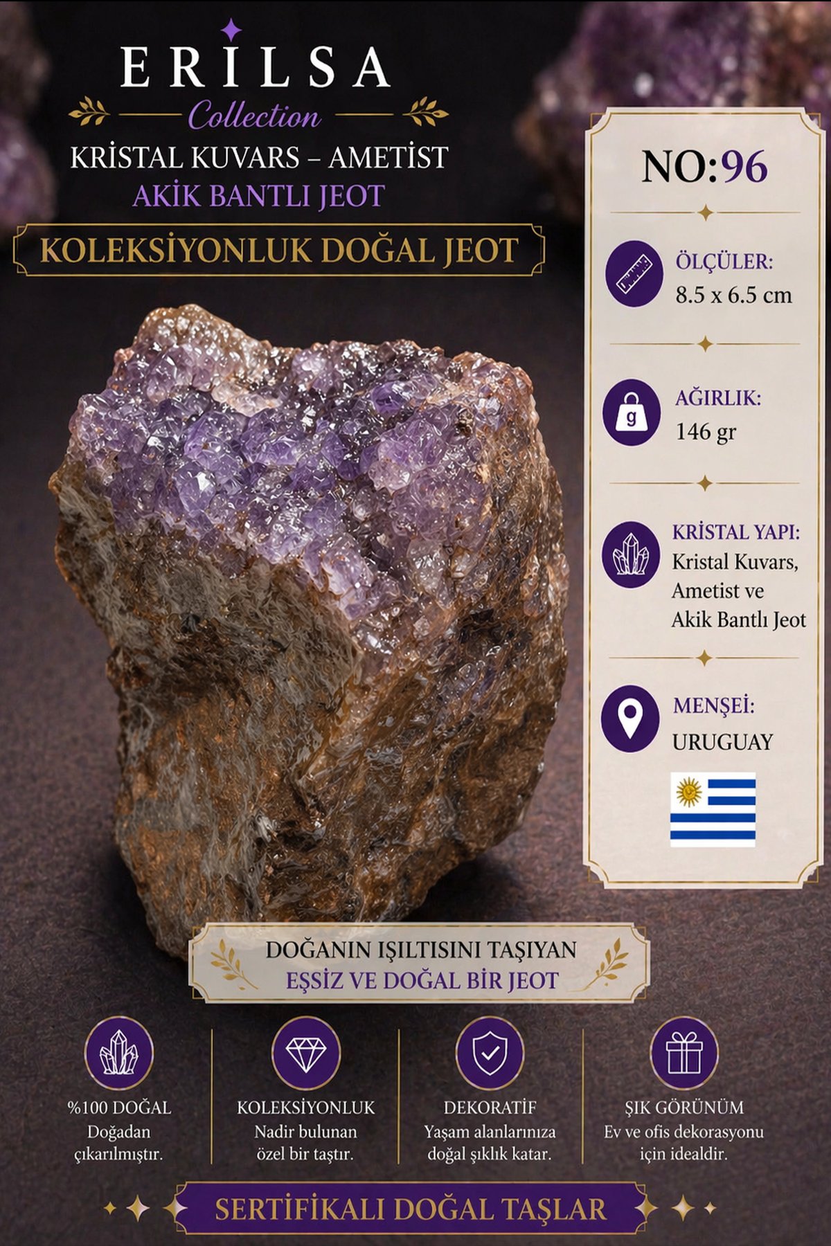 Sertifikalı Kristal Kuvars Ametist Akik Bantlı Jeot Doğal Taş Koleksiyonluk Dekoratif 8.5x6.5 NO96