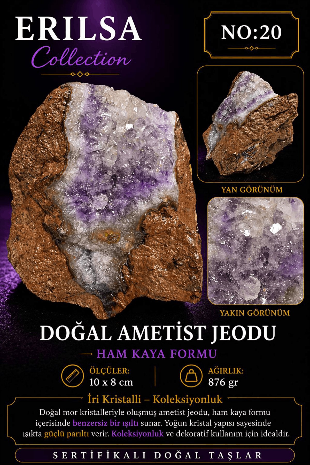 Sertifikalı Ametist Jeodu Taşı Kütle İri Kristalli Ham Kaya Mor Ametist Koleksiyonluk Dekoratif