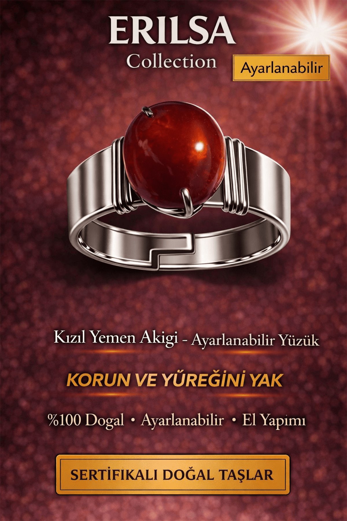 Sertifikalı Kızıl Yemen Akiği Yüzük Doğal Taş Ayarlanabilir El Yapımı Güçlü Tasarım