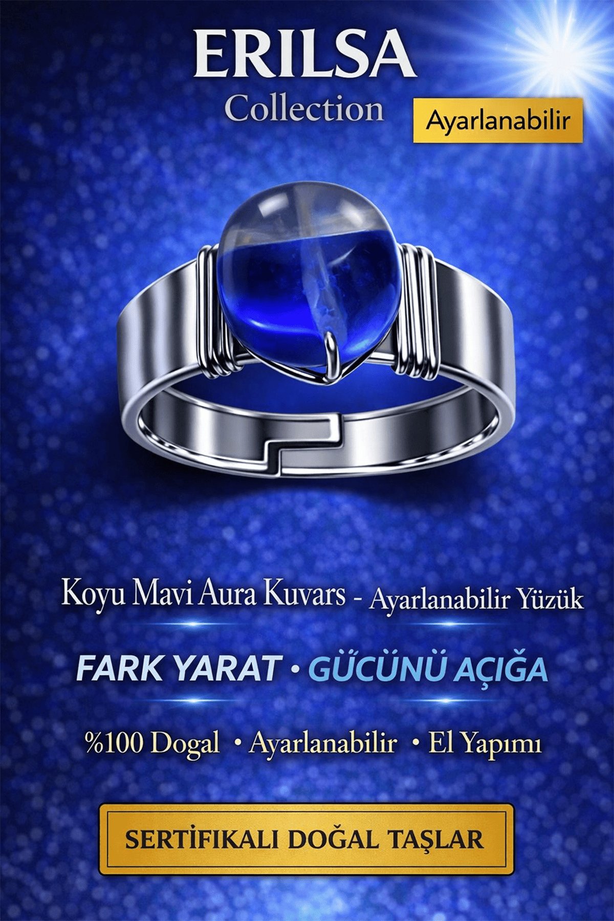 Sertifikalı Koyu Mavi Aura Kuvars Yüzük Doğal Taş Ayarlanabilir El Yapımı Şık Enerji Taşı