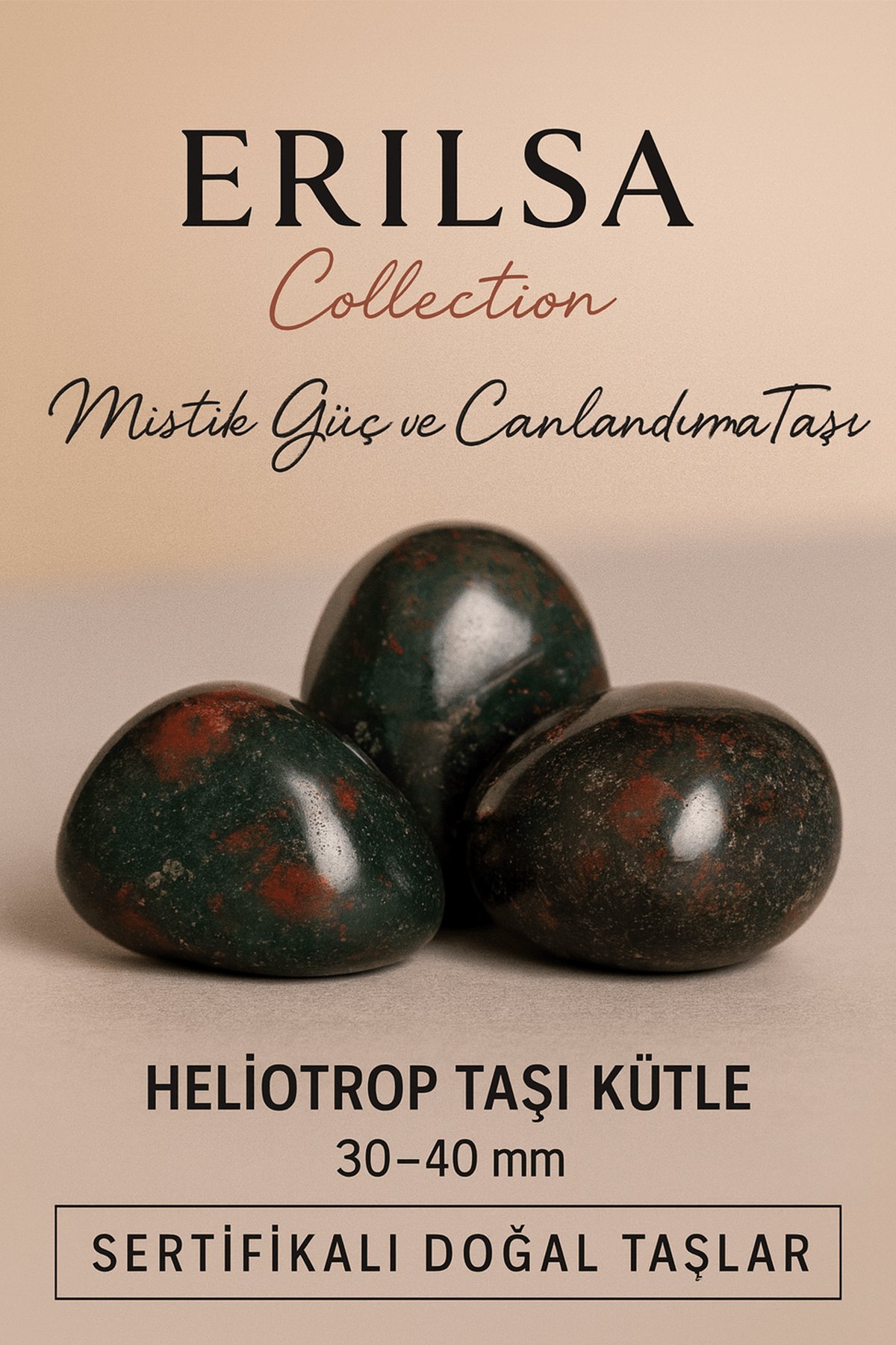 Sertifikalı Heliotrop Kan Taşı Kütle 30–40 mm İri Boy Mistik Güç ve Canlandırma Enerjisi Taşı