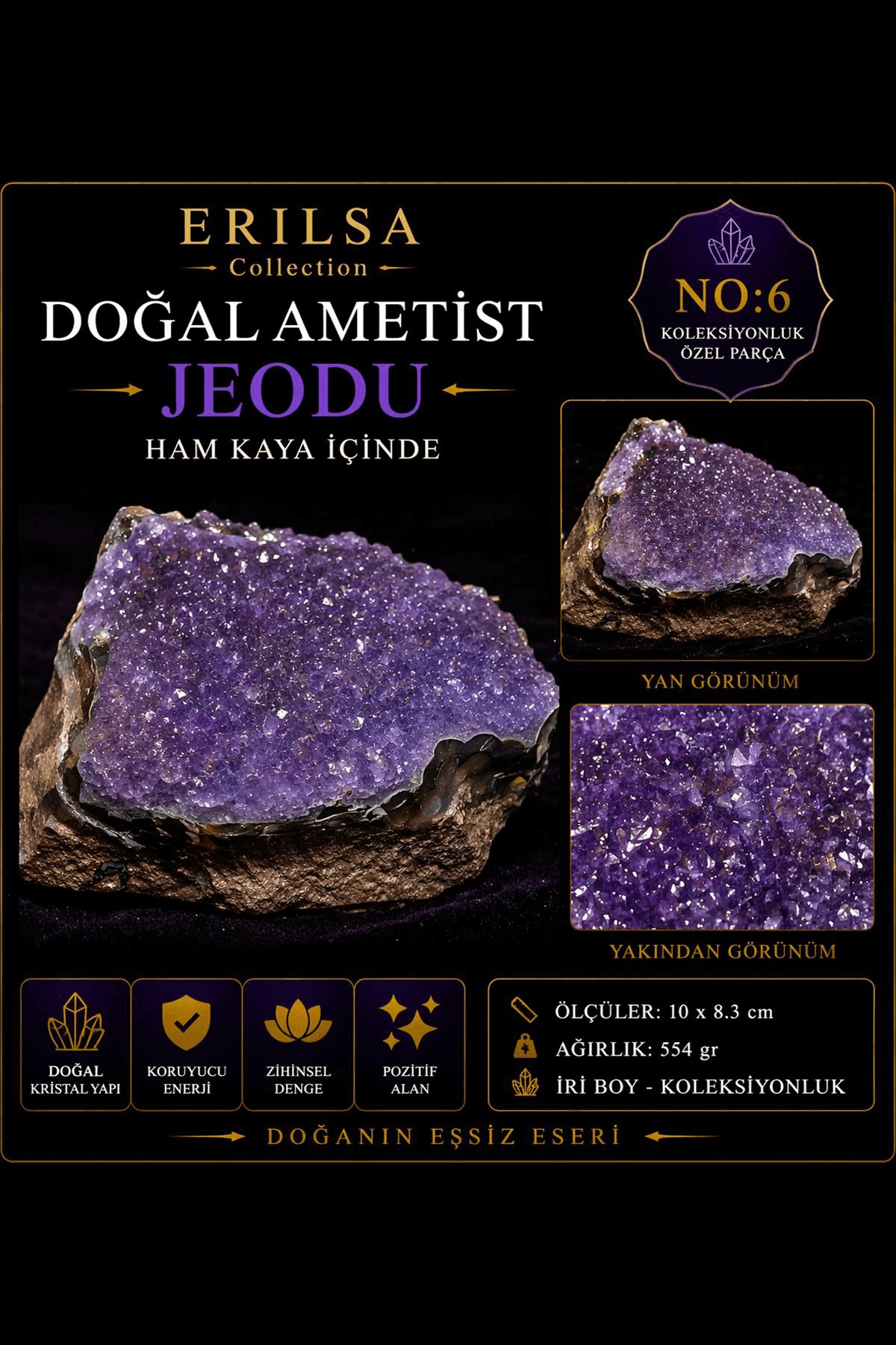 Sertifikalı Doğal Ametist Jeodu Taşı Kütle İri Boy Koleksiyonluk Kristal Ham Kaya Parça Dekoratif