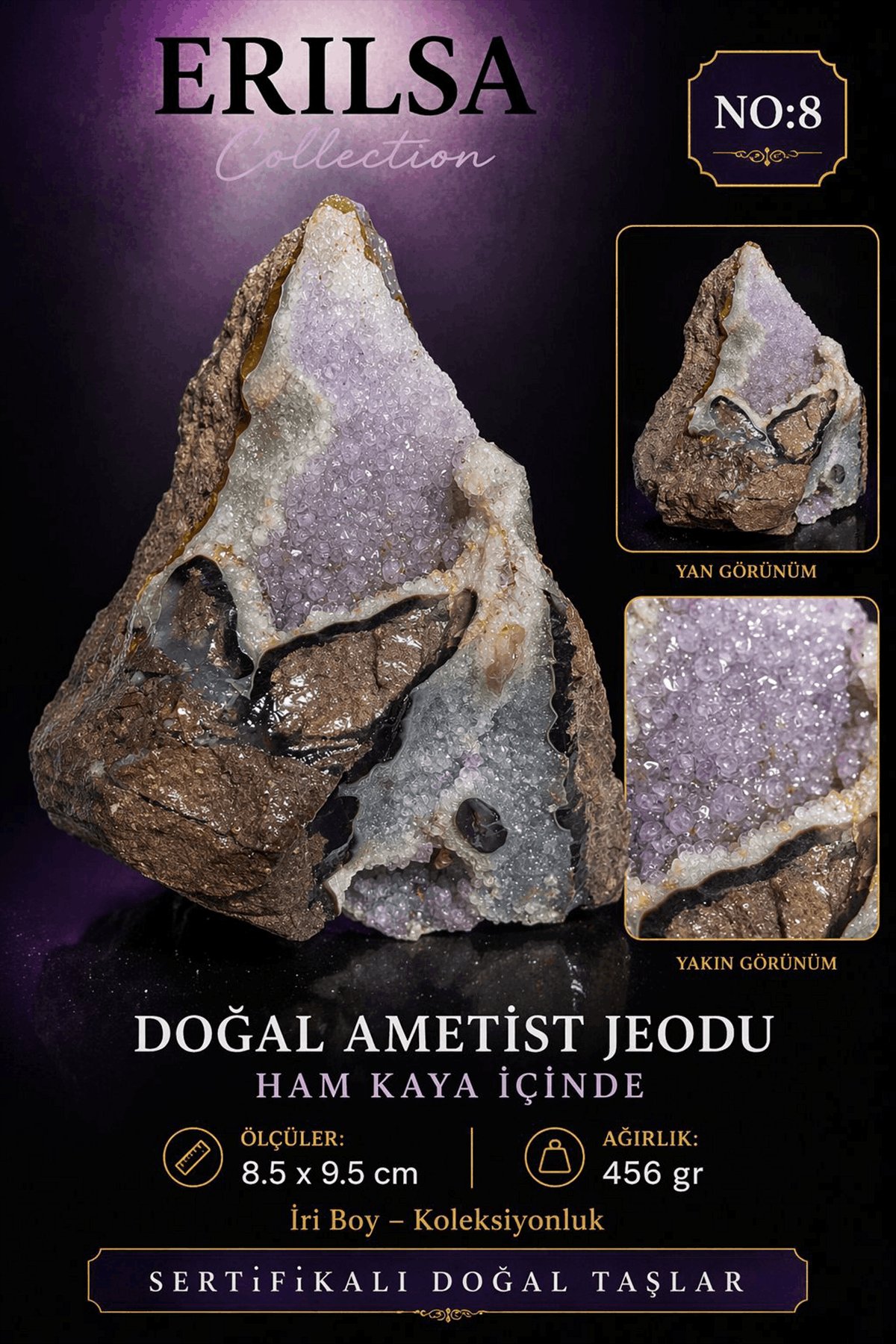 Sertifikalı Doğal Ametist Jeodu Taşı Kütle Orta Boy Kristal Küme Ham Kaya Koleksiyonluk Dekor