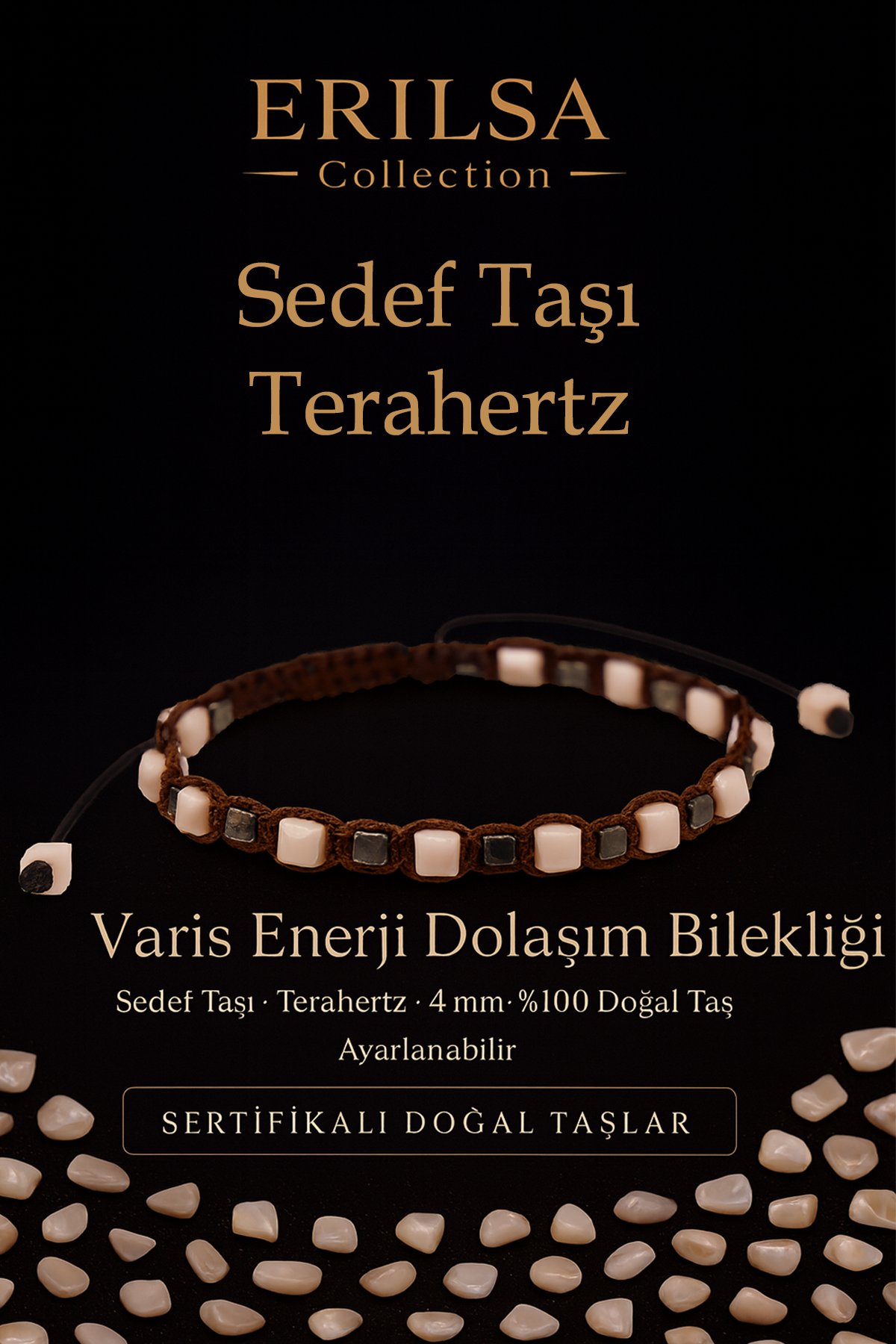 Sertifikalı Varis Enerji Dolaşım Bilekliği – Sedef Taşı ve Terahertz Doğal Taş 4 mm Ayarlanabilir