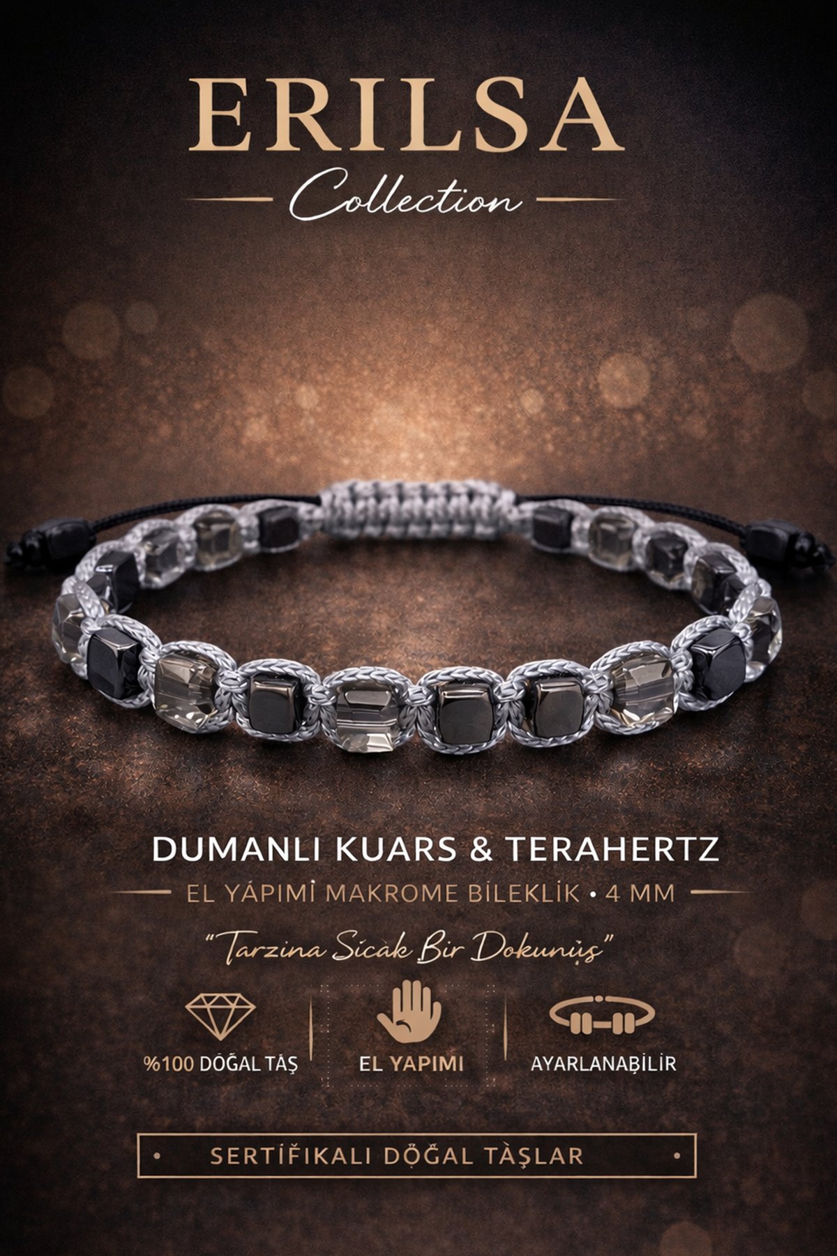 Sertifikalı Terahertz - Dumanlı Kuvars Bileklik - 4 MM Küp Kesim Doğal Taş Ayarlanabilir