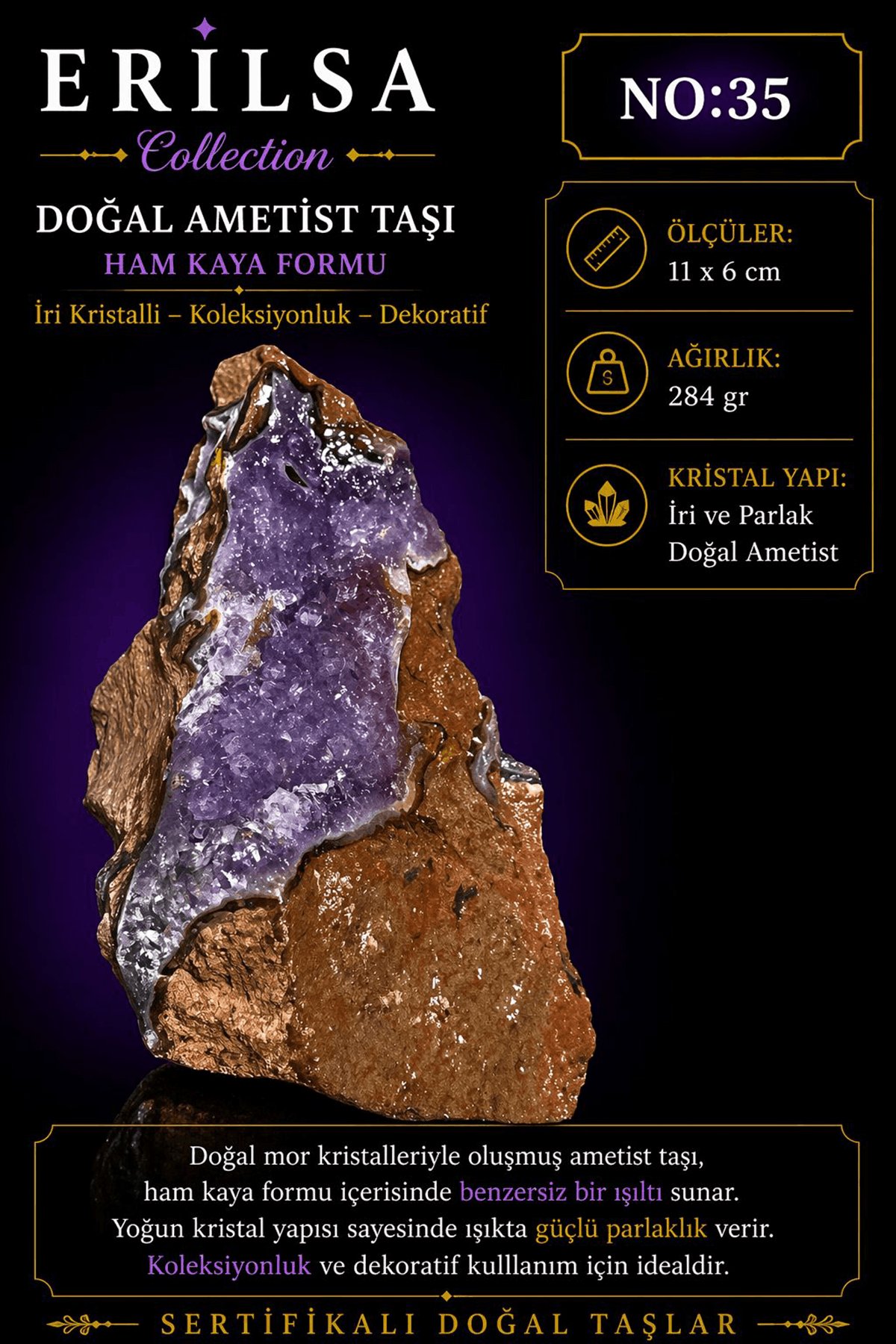 Sertifikalı Doğal Ametist Taşı İri Kristalli Ham Kaya Dekoratif Koleksiyonluk NO35