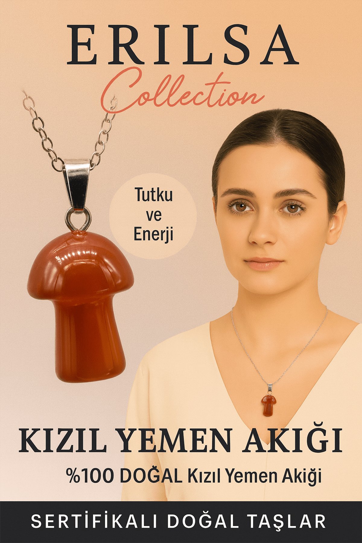 Sertifikalı Mantar Model Kızıl Yemen Akik Taşı Kolye - Tutku ve Enerji Veren Doğal Taş