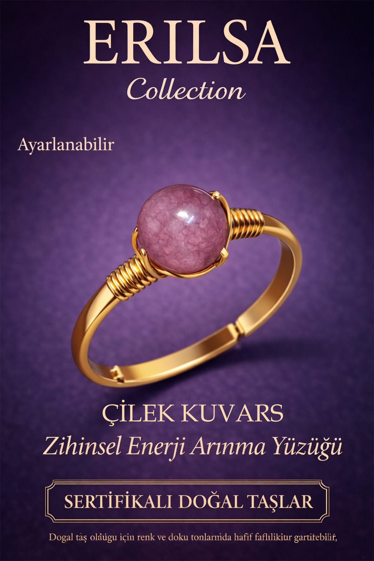 Sertifikalı Zihinsel Enerji Arınma Yüzüğü – Çilek Kuvars Taşı Ayarlamalı Gold İkizler Terazi Burcu