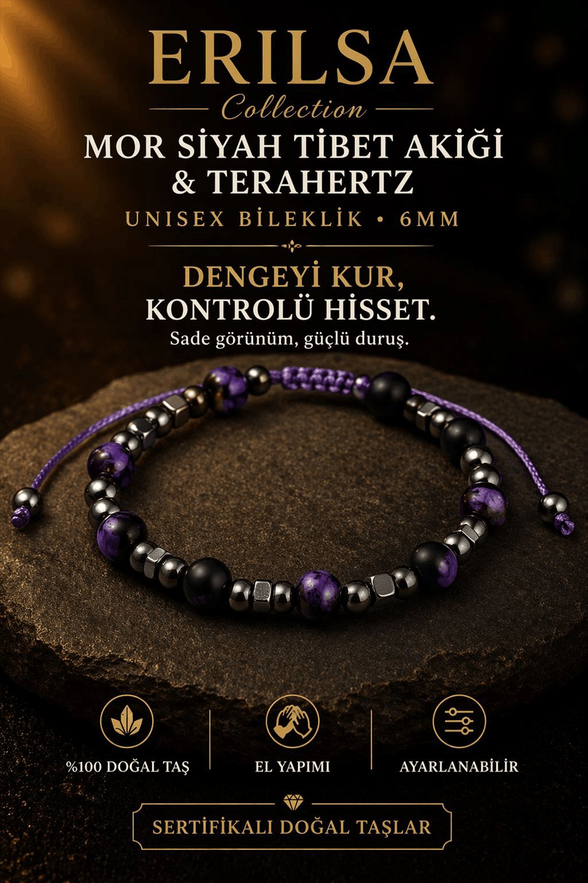 Sertifikalı Terahertz Mor Siyah Tibet Akiği - Ham Çeroit Bileklik - 6 MM Doğal Taş Unisex 