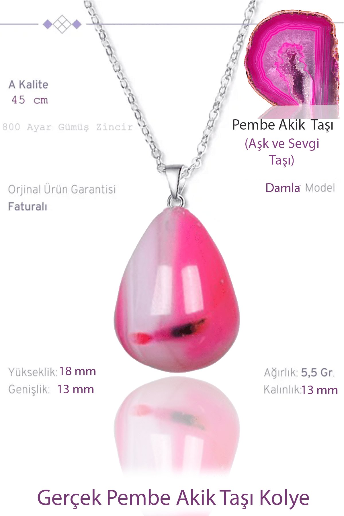 Sertifikalı Damla Model Gerçek Pembe Akik Taşı Kolye