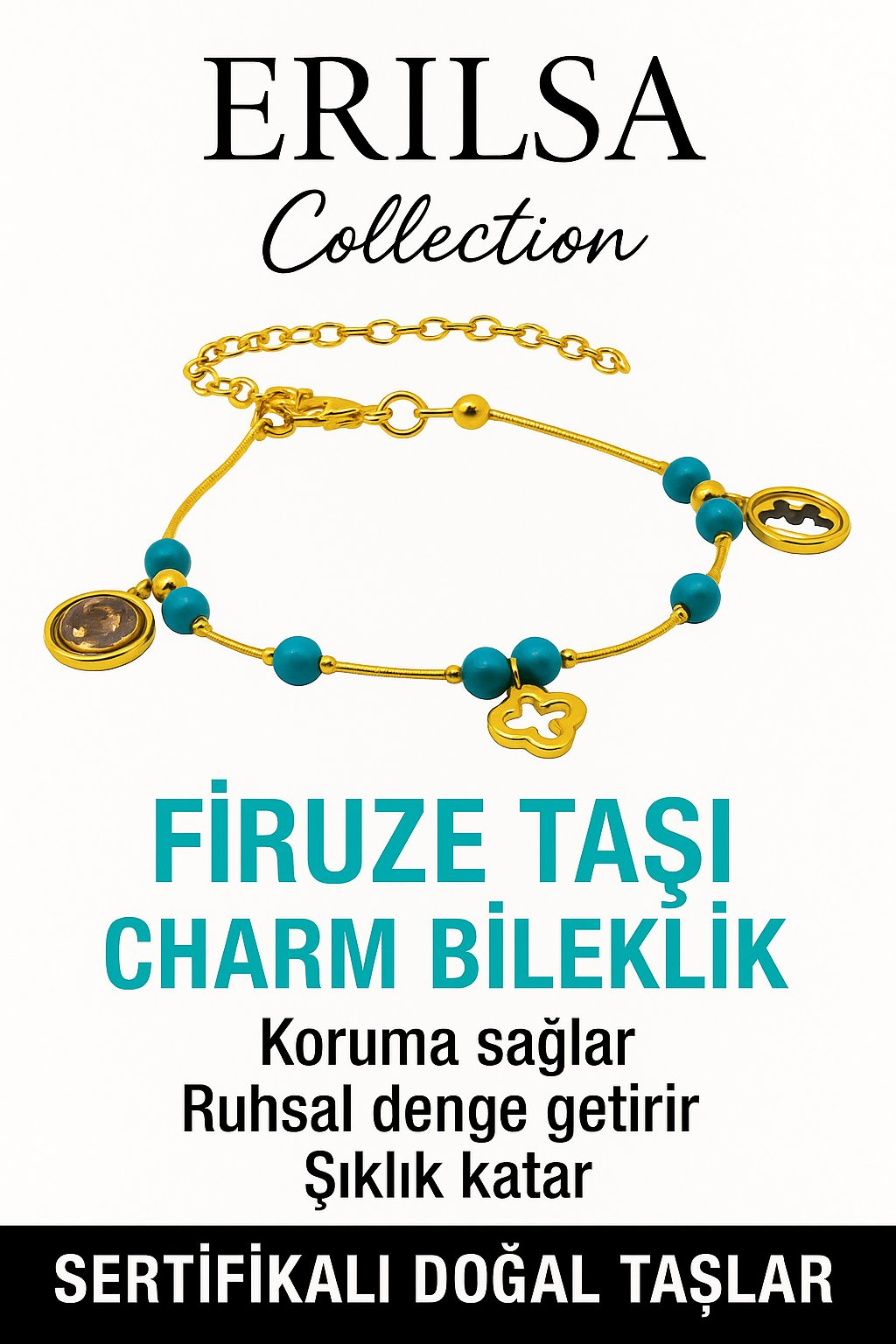 Sertifikalı Firuze Şans Charm Bileklik – Doğal Taşla Ruhsal Denge ve Koruma (Turkuaz)