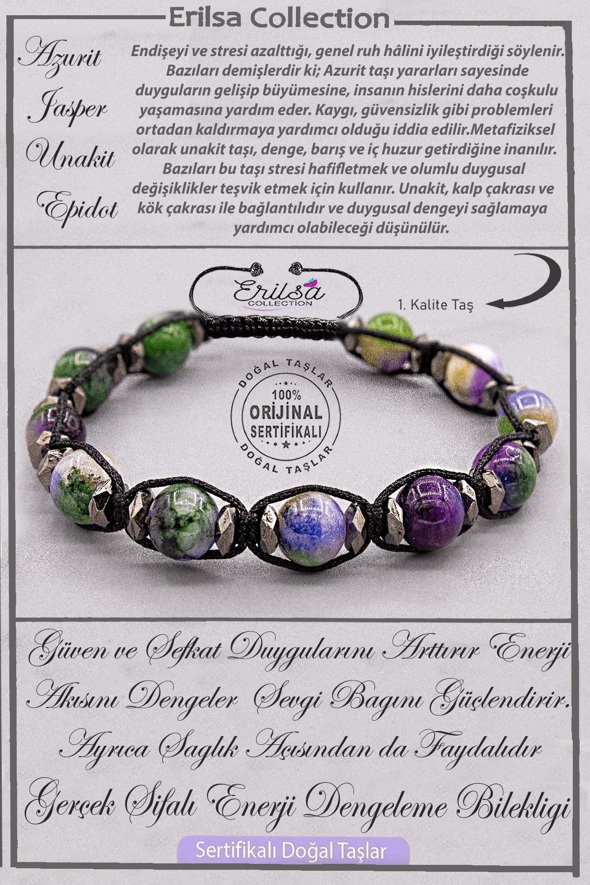 Sertifikalı AAA+ Kalite Enerji Dengeleme Ruhsal Şifa Bilekliği - Azurit Jasper Unakit Epidot