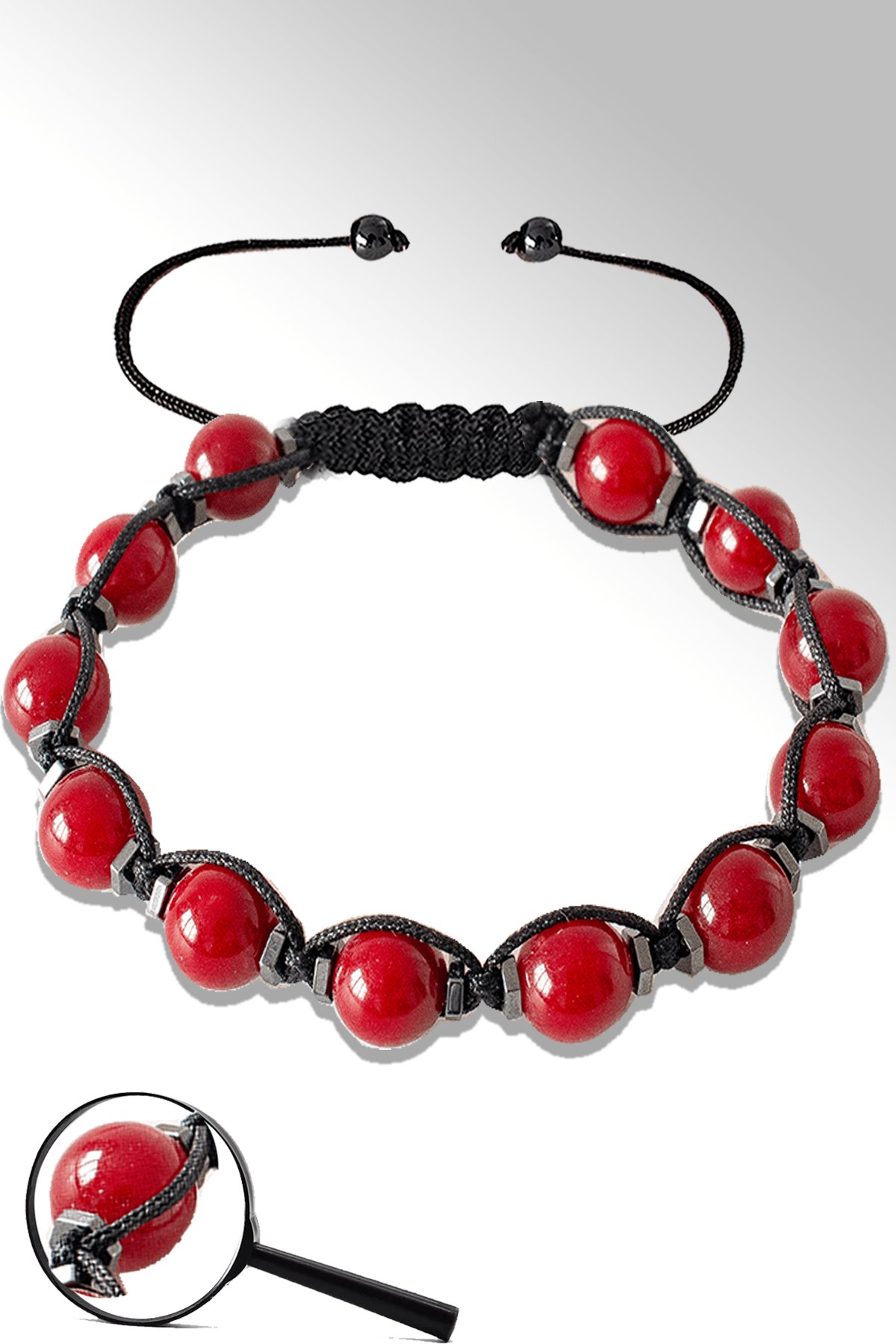 Sertifikalı Makrome Hematitli Bayrak Kırmızı Akik Taşı Bileklik - Ayarlamalı