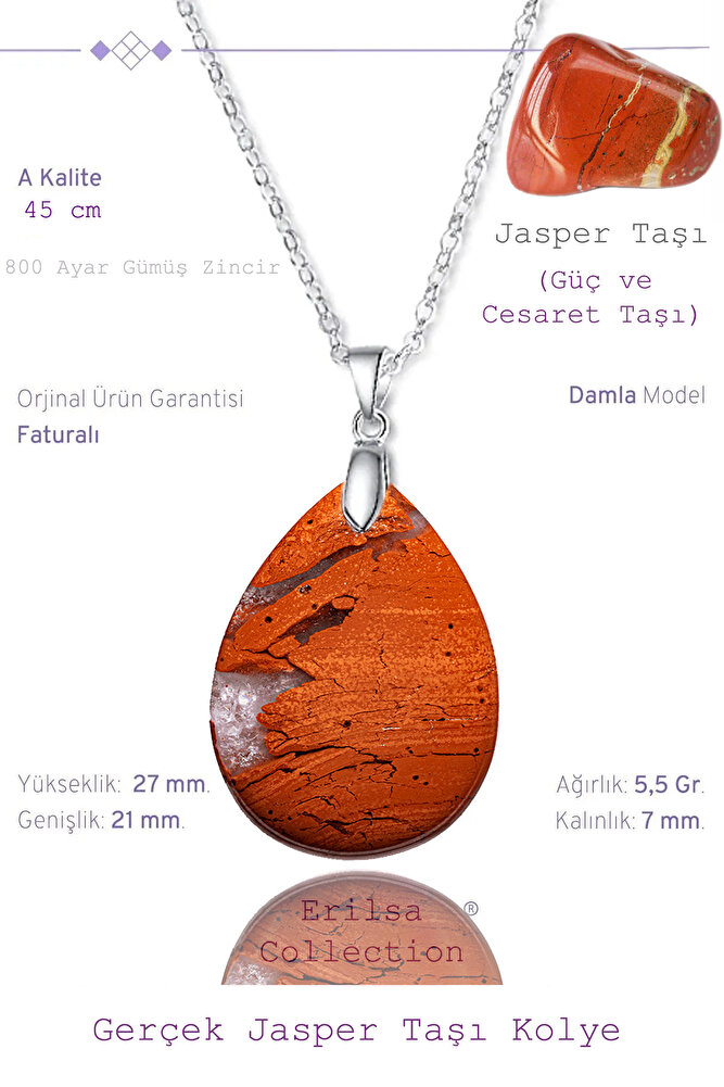 Sertifikalı Damla Model Kırmızı Jasper Taşı Kolye (GÜMÜŞ APARATLI)