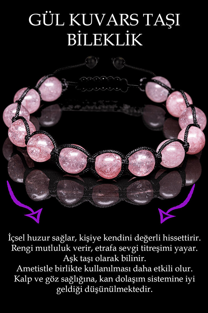 Sertifikalı Gül Kuvars Taşı Bileklik - Makrome
