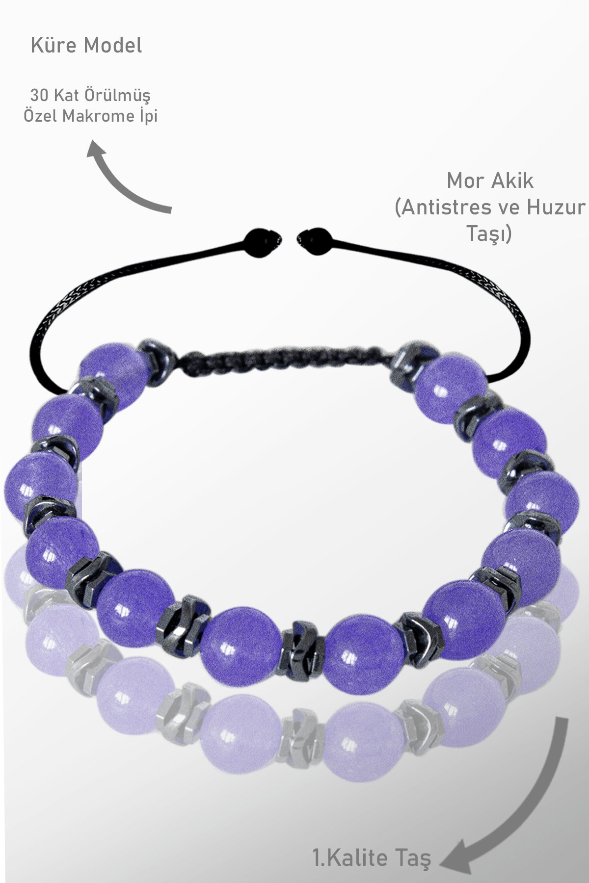 Sertifikalı Gerçek Hematit - Mor Akik Taşı Bileklik