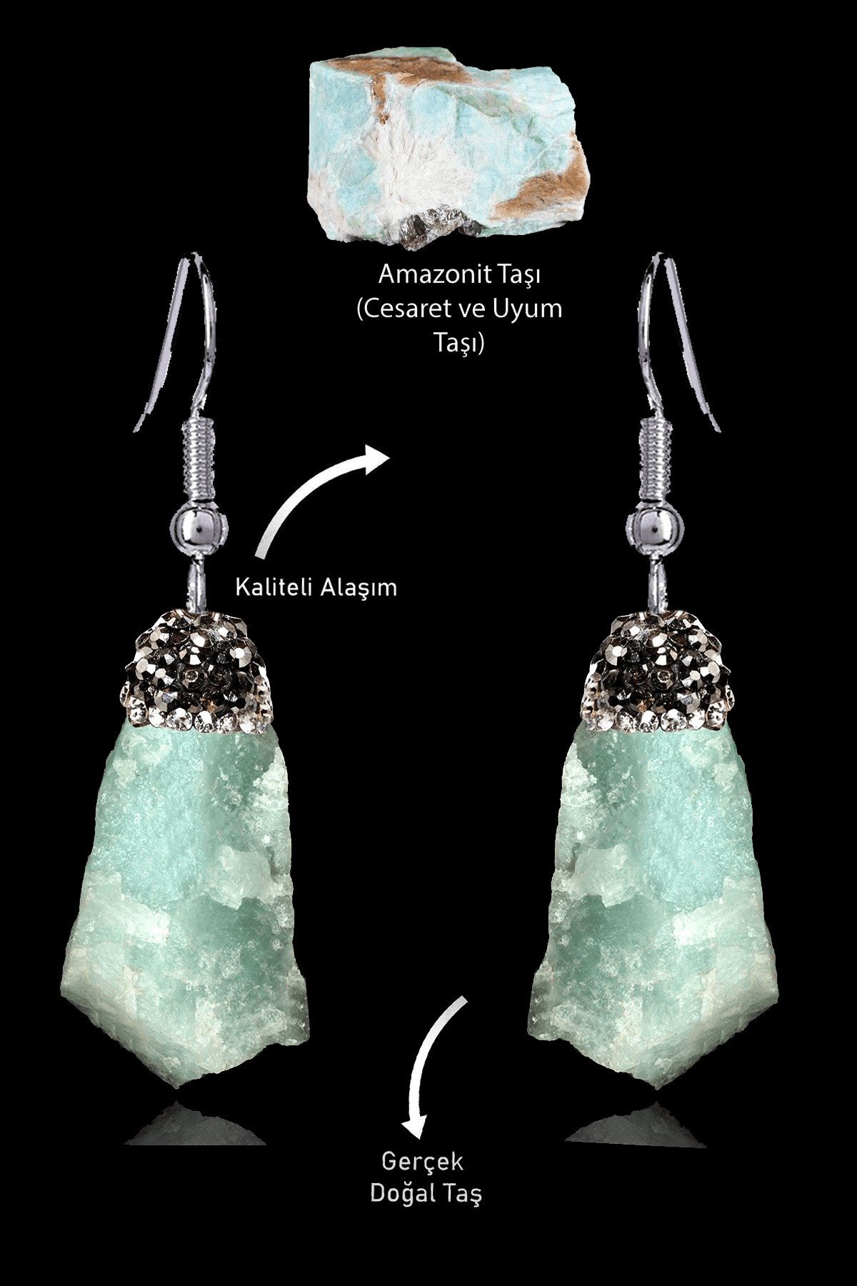 Sertifikalı Zirkon Taşlı Model Ham İşlenmemiş Amazonit Taşı Küpe