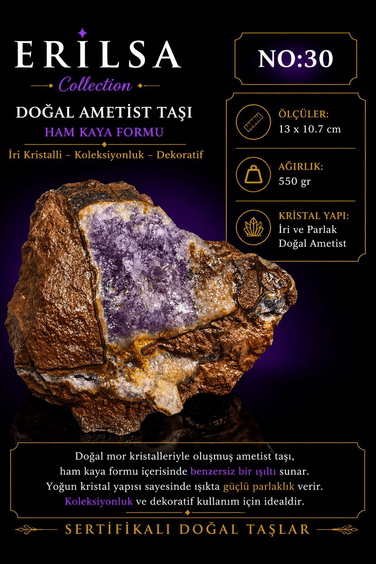 Sertifikalı Doğal Ametist Taşı İri Kristalli Ham Kaya Kütle Dekoratif Koleksiyonluk Parça