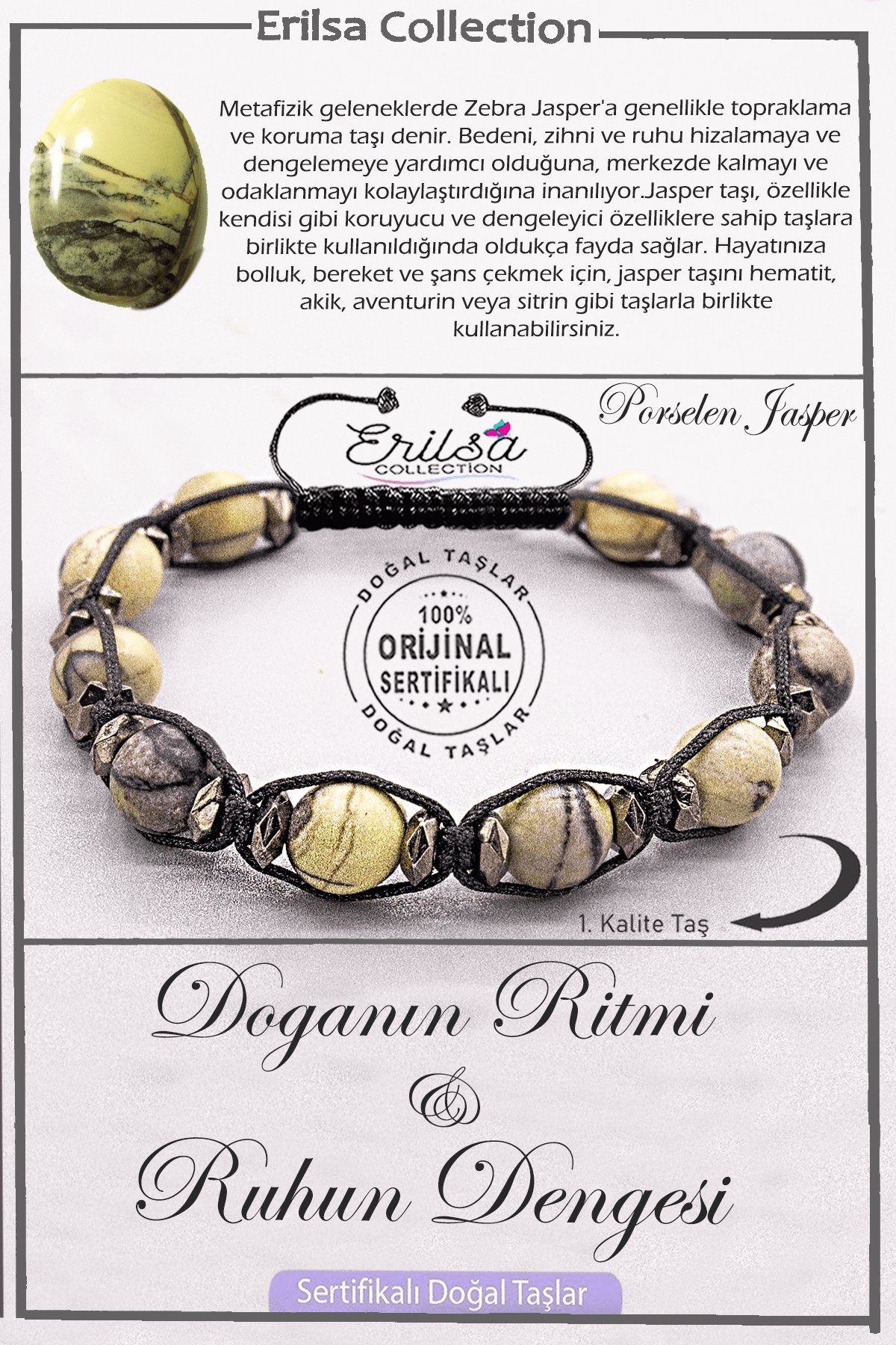 Sertifikalı AAA+ Kalite Doğal Porselen Jasper Taşı Bilekleklik - Doğanın Ritmi Ruhun Dengesi