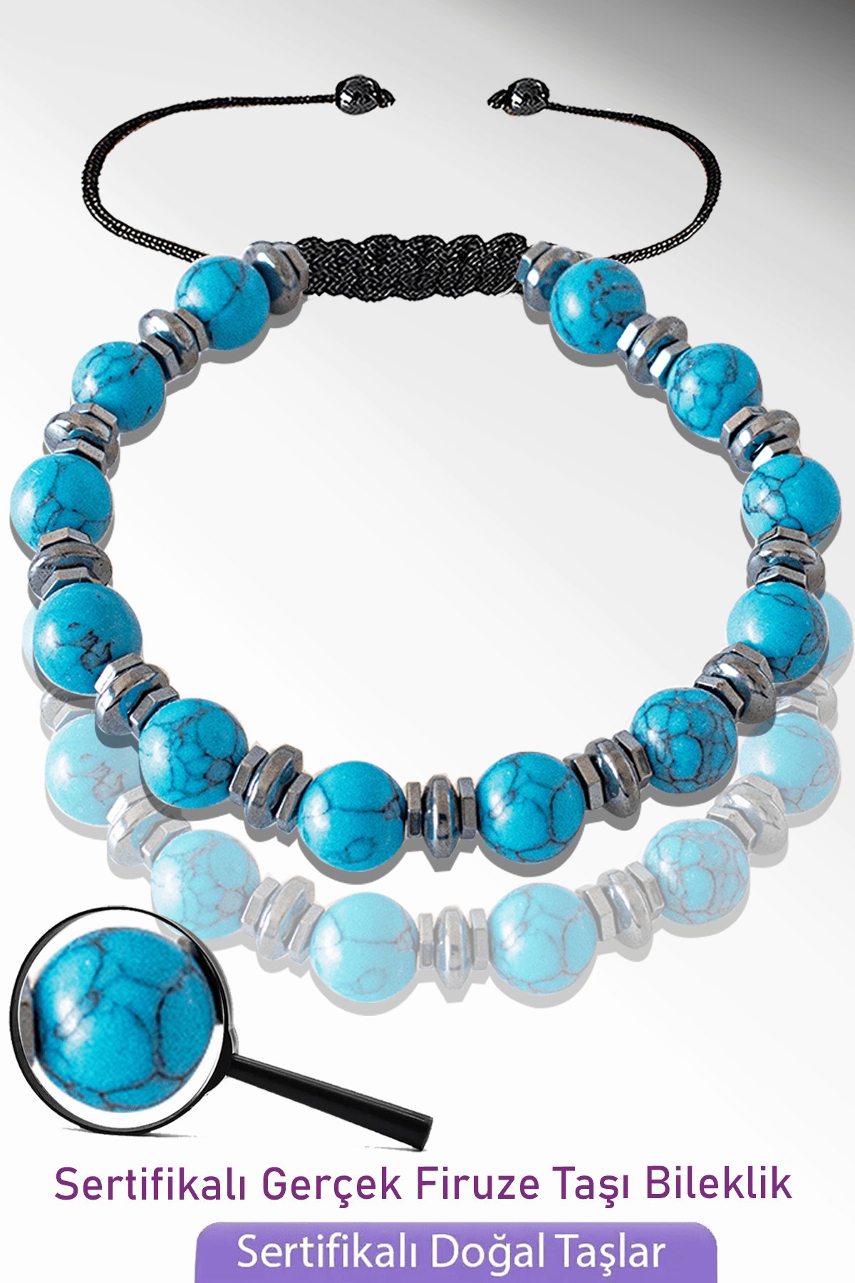 Sertifikalı Hematitli Gerçek Firuze Taşı Bileklik - Ayarlamalı (Turkuaz Taşı)
