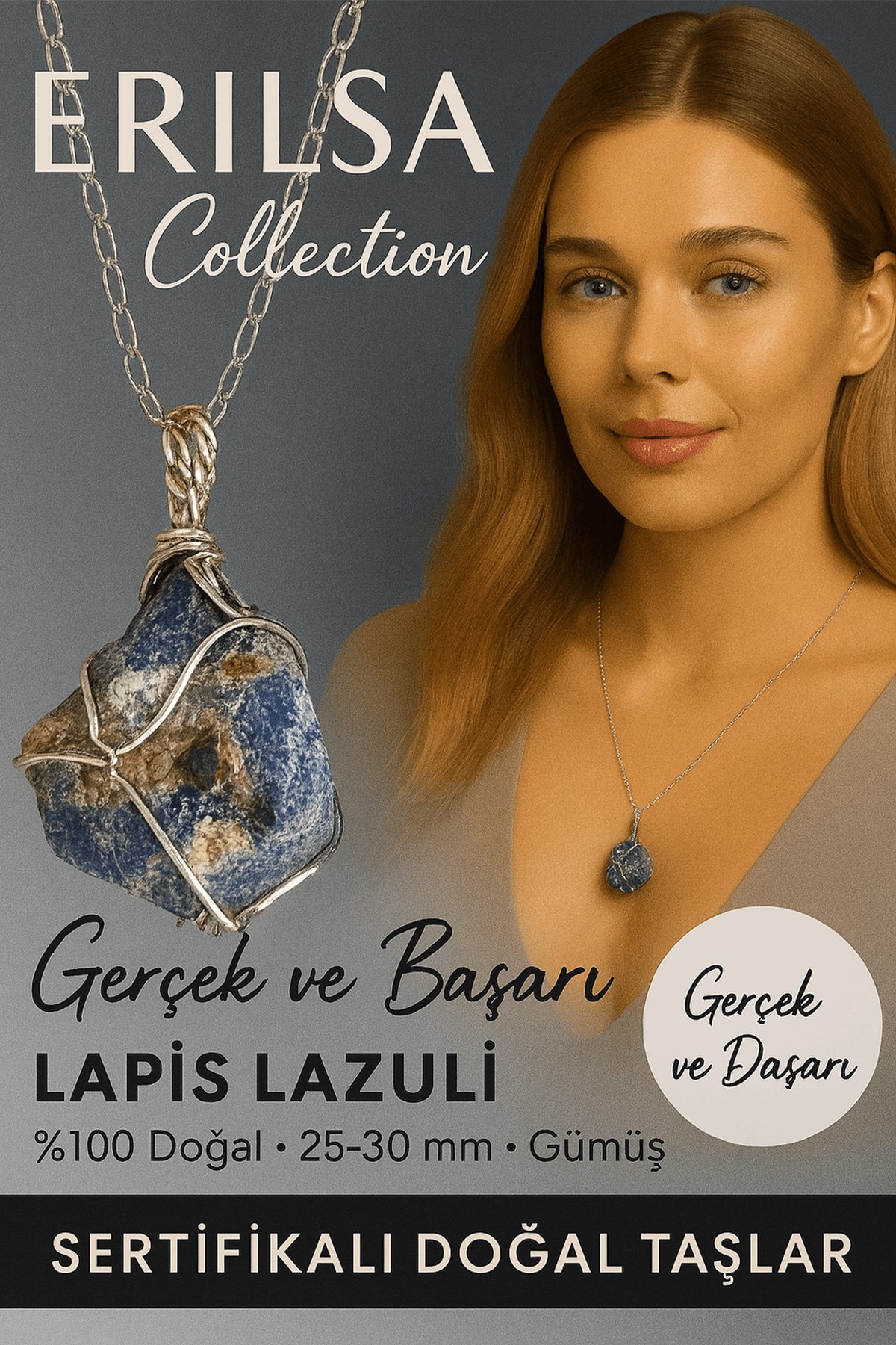 Sertifikalı Ham Lapis Lazuli Taşı Kolye – Gümüş Tel Sargılı 25-30 mm Bilgelik ve Güç Taşı