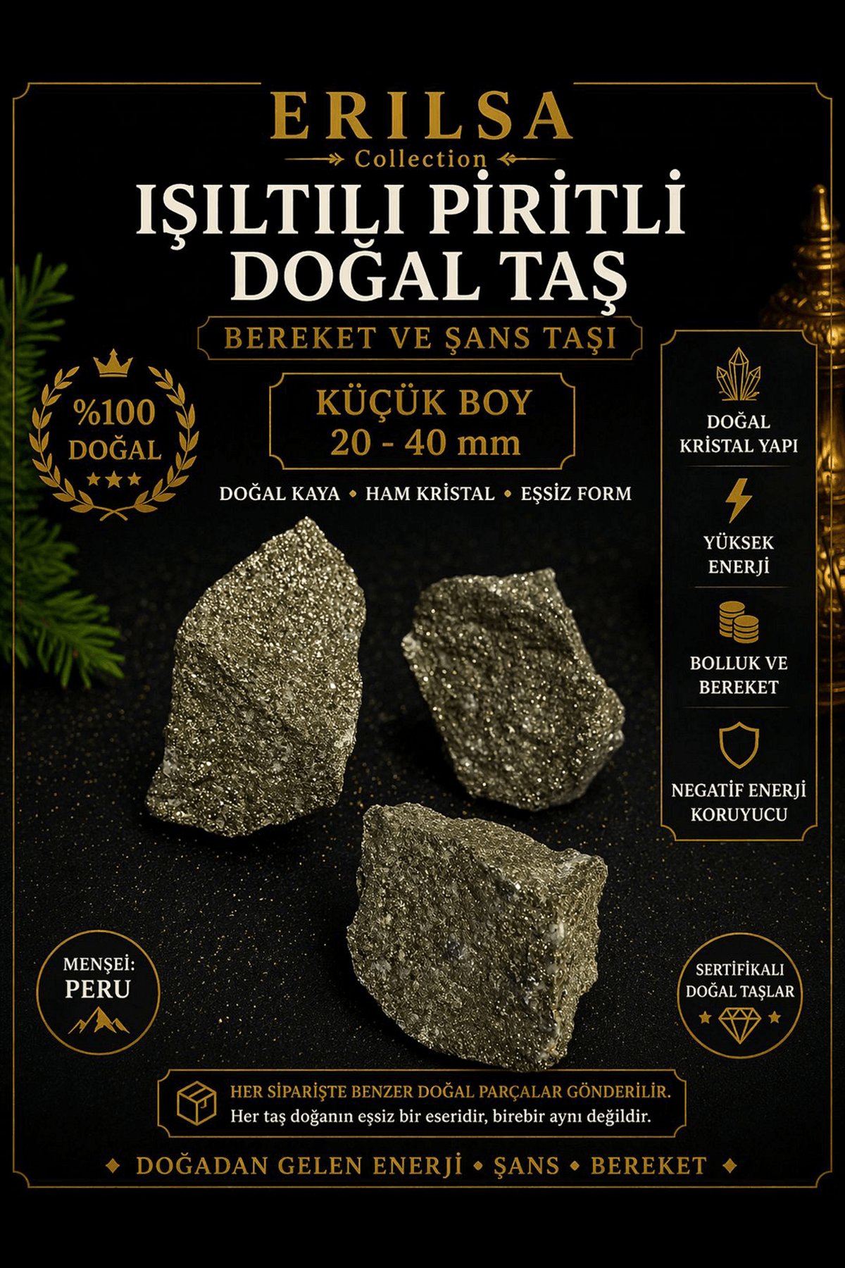 Sertifikalı Işıltılı Pirit Taşı Kütle 20-40 mm Küçük Boy Doğal Taş Kütle