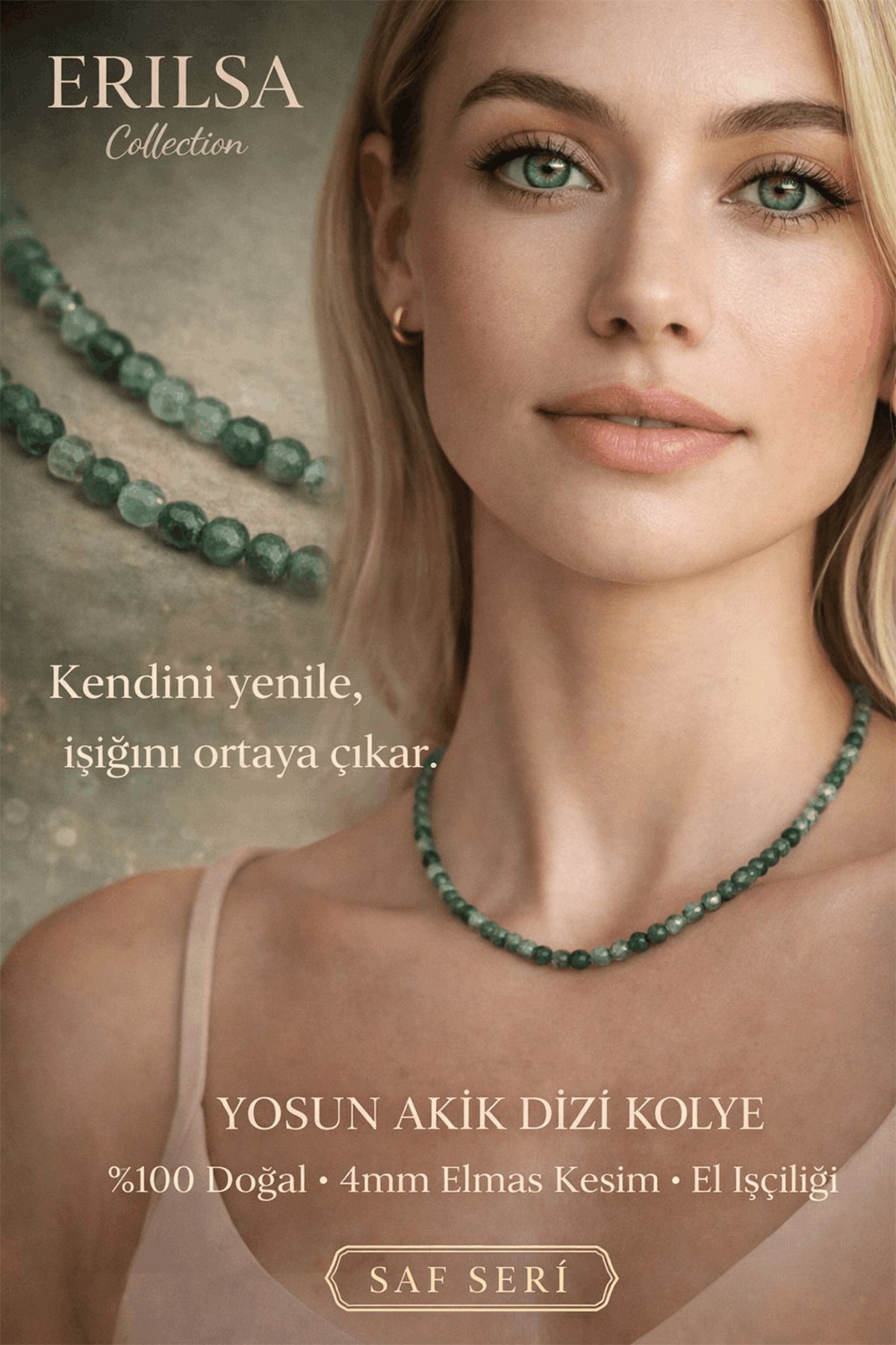 Sertifikalı Yosun Akik Dizi Kolye 4mm Elmas Kesim Minimal Seri Doğal Taş Kolye