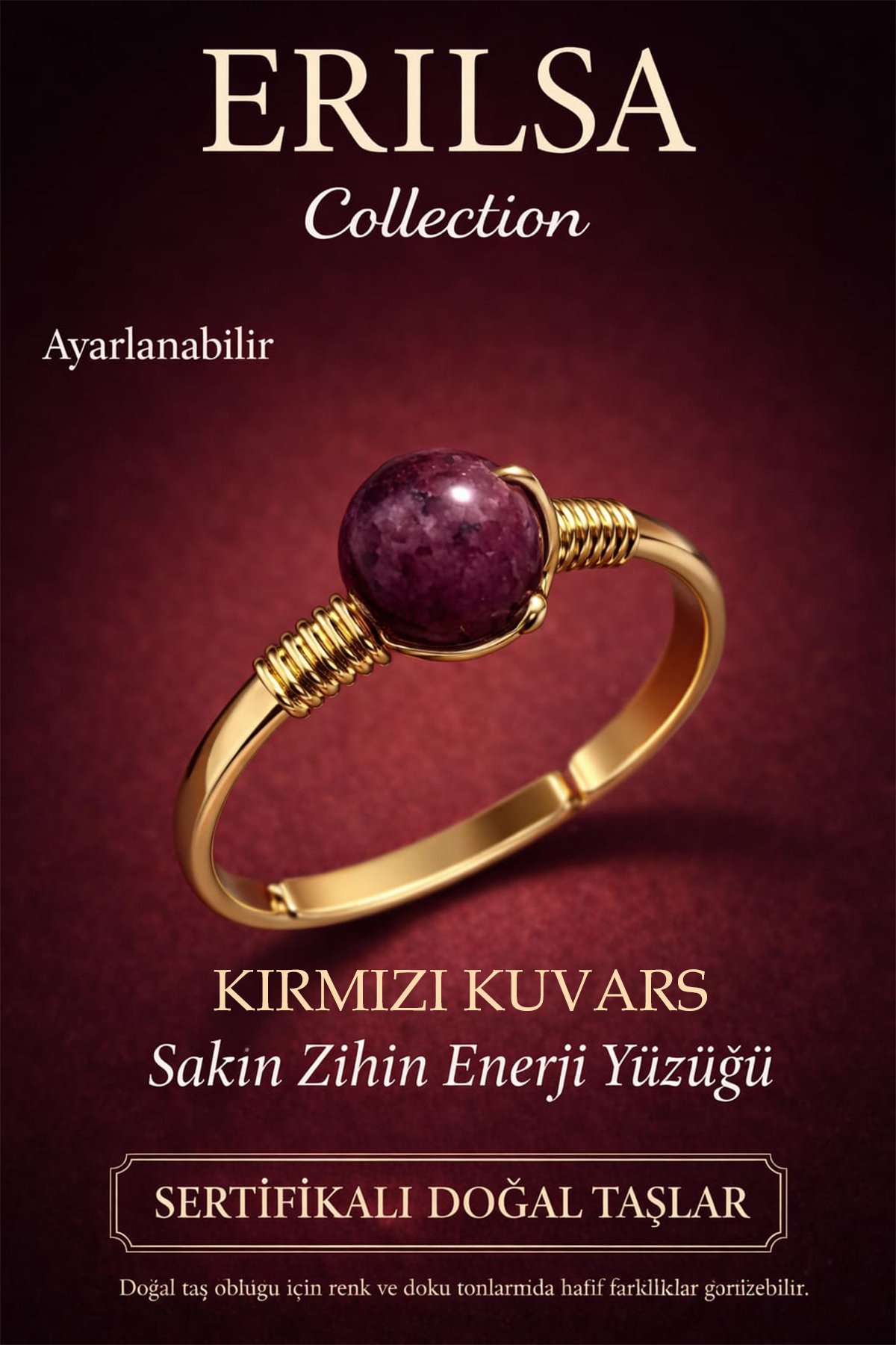 Sertifikalı Sakin Zihin Enerji Yüzüğü – Kırmızı Kuvars Taşı Ayarlanabilir Gold İnce Koç Aslan Burcu