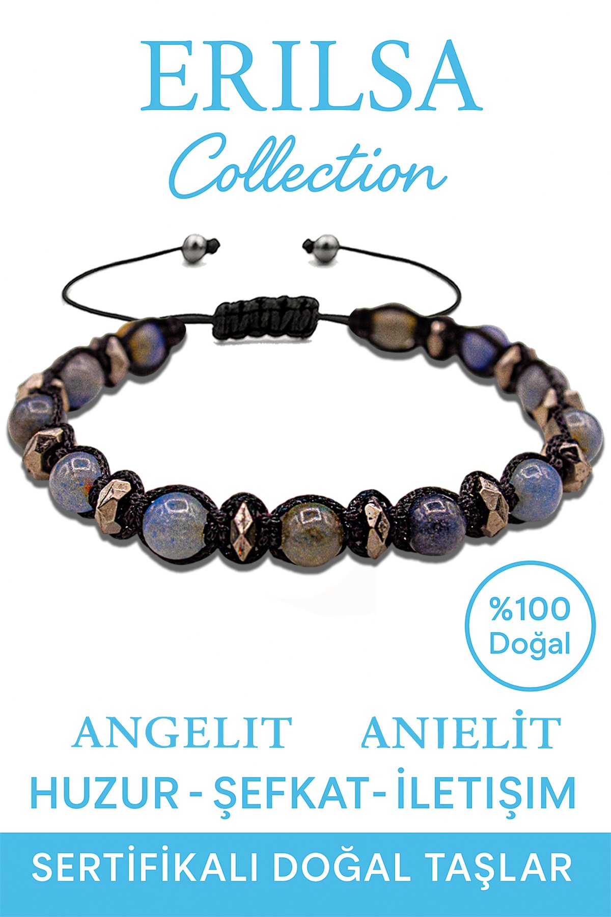 Sertifikalı Makrome Terahertz &amp; Angelit Melek Taşı Bileklik – Ruhsal Huzura Uçun