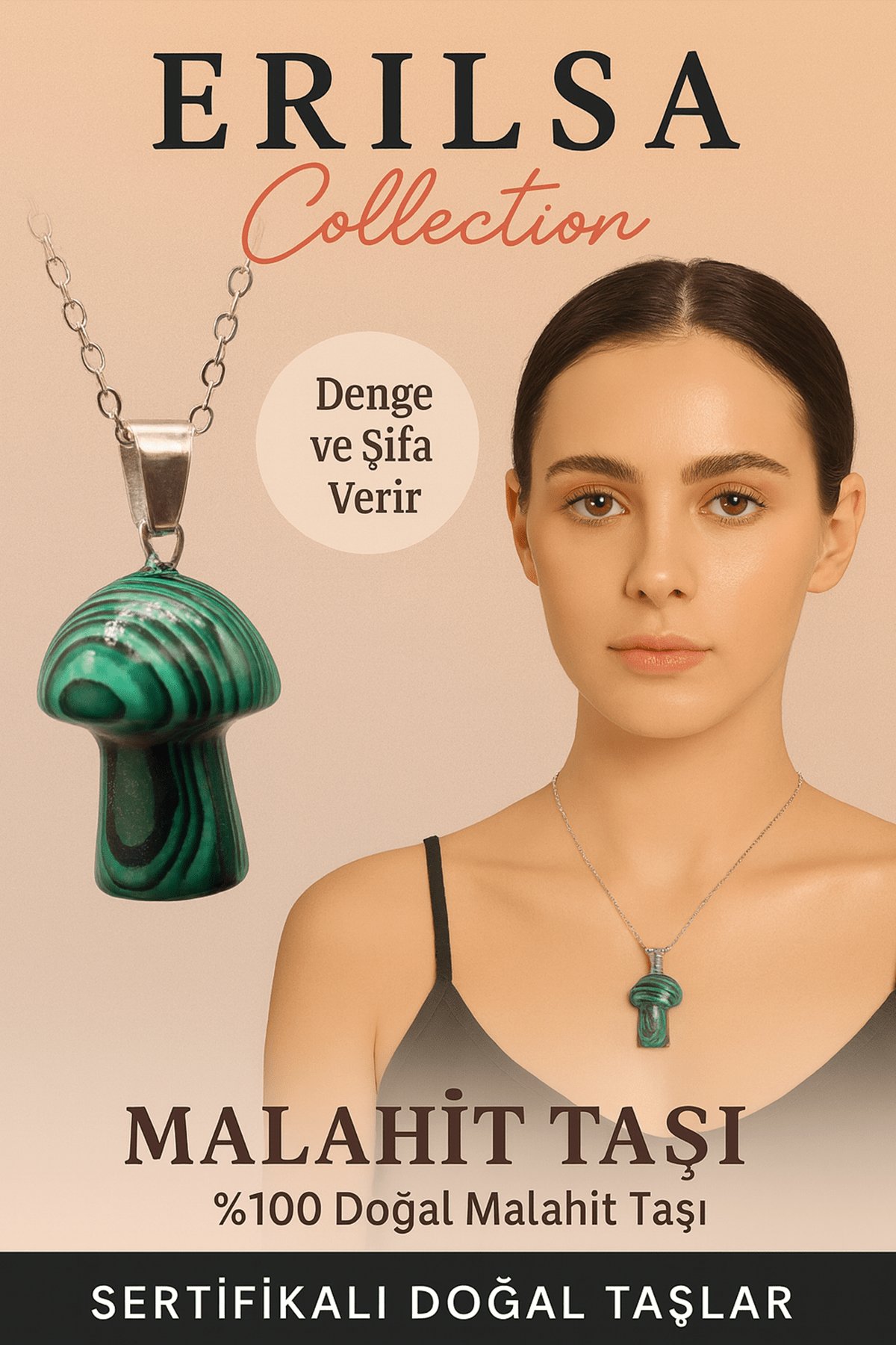 Sertifikalı Mantar Model Malahit Taşı Kolye - Denge ve Şifa Veren Doğal Taş Kolye