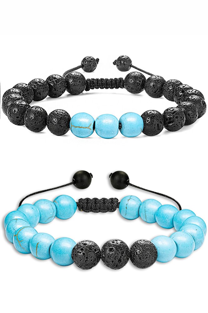 Sertifikalı Doğal Firuze Turkuaz Volkanik Lav Taşı Doğal Taş Bileklik Seti