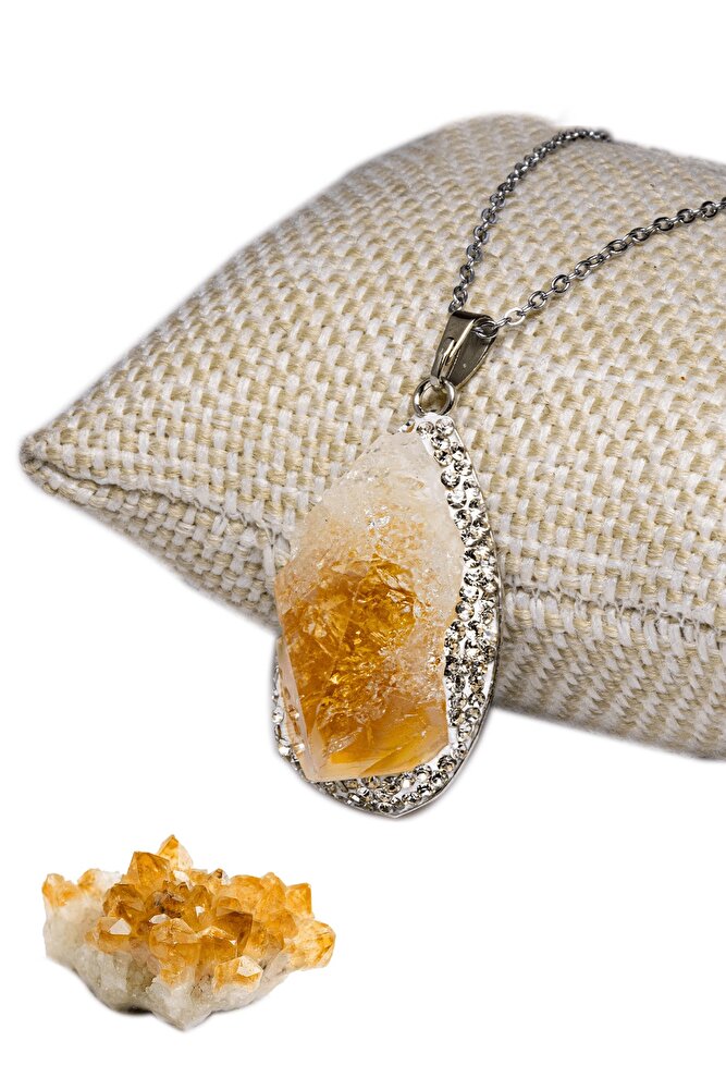 Gümüş Aparat Doğal Sitrin Taşı Kolye