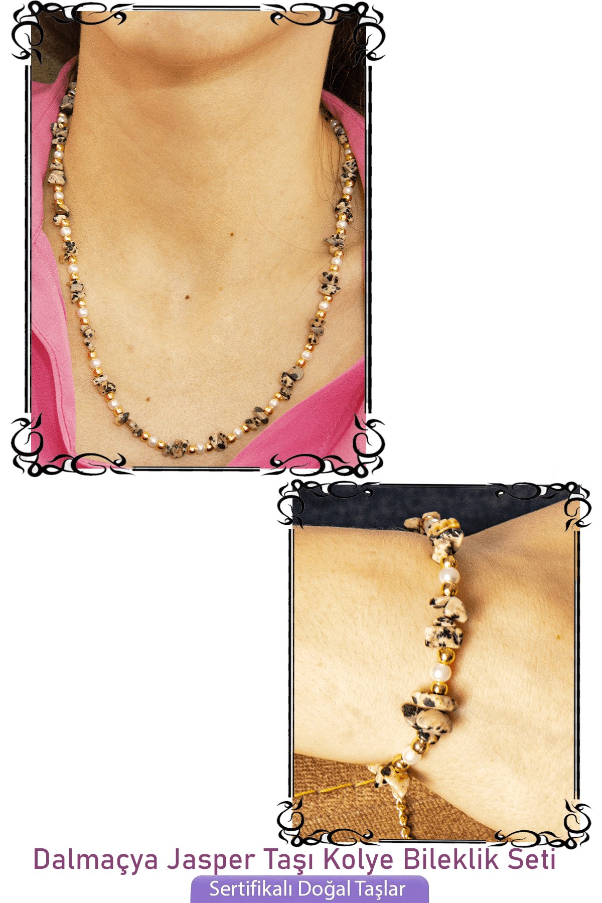 Sertifikalı İncili Dalmaçya Jasper Taşlı Doğal Taş Kolye Bileklik Seti