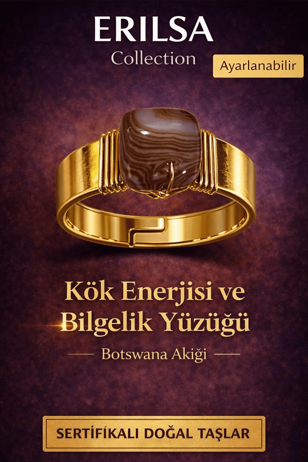 Sertifikalı Botswana Akik Doğal Taş Yüzük – Kök Enerjisi ve Bilgelik Ayarlanabilir