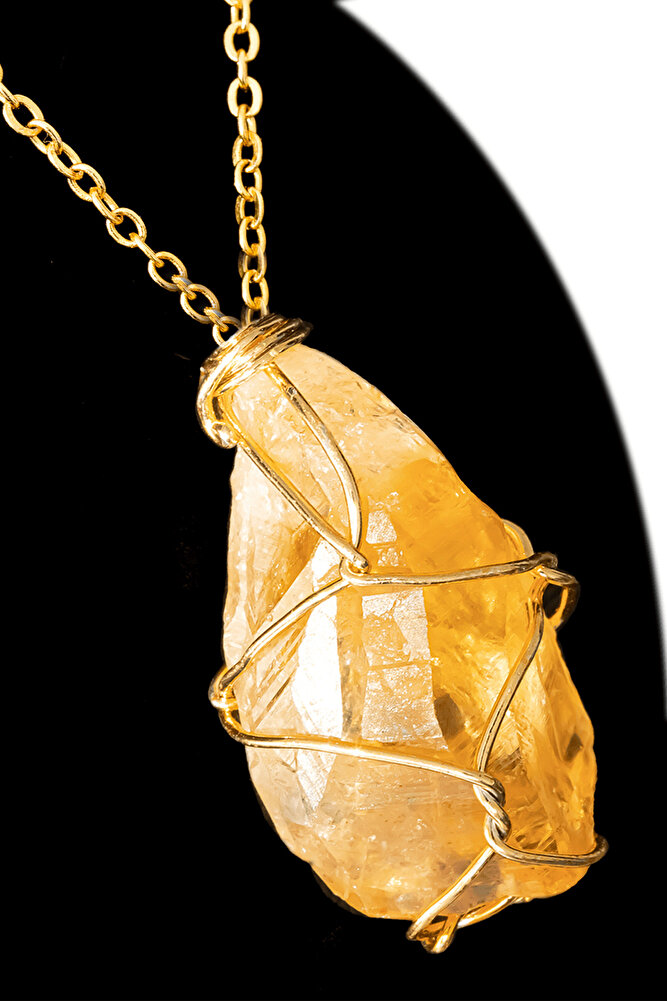 Sertifikalı Ham İşlenmemiş Gold Sitrin Taşı Kolye - Tel Sargılı