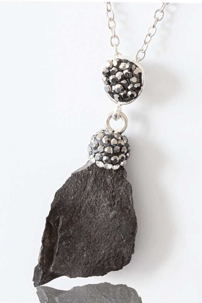 Sertifikalı Zirkon Taşlı Model Şungit - Shungite Taşı Kolye (Ham İşlenmemiş)