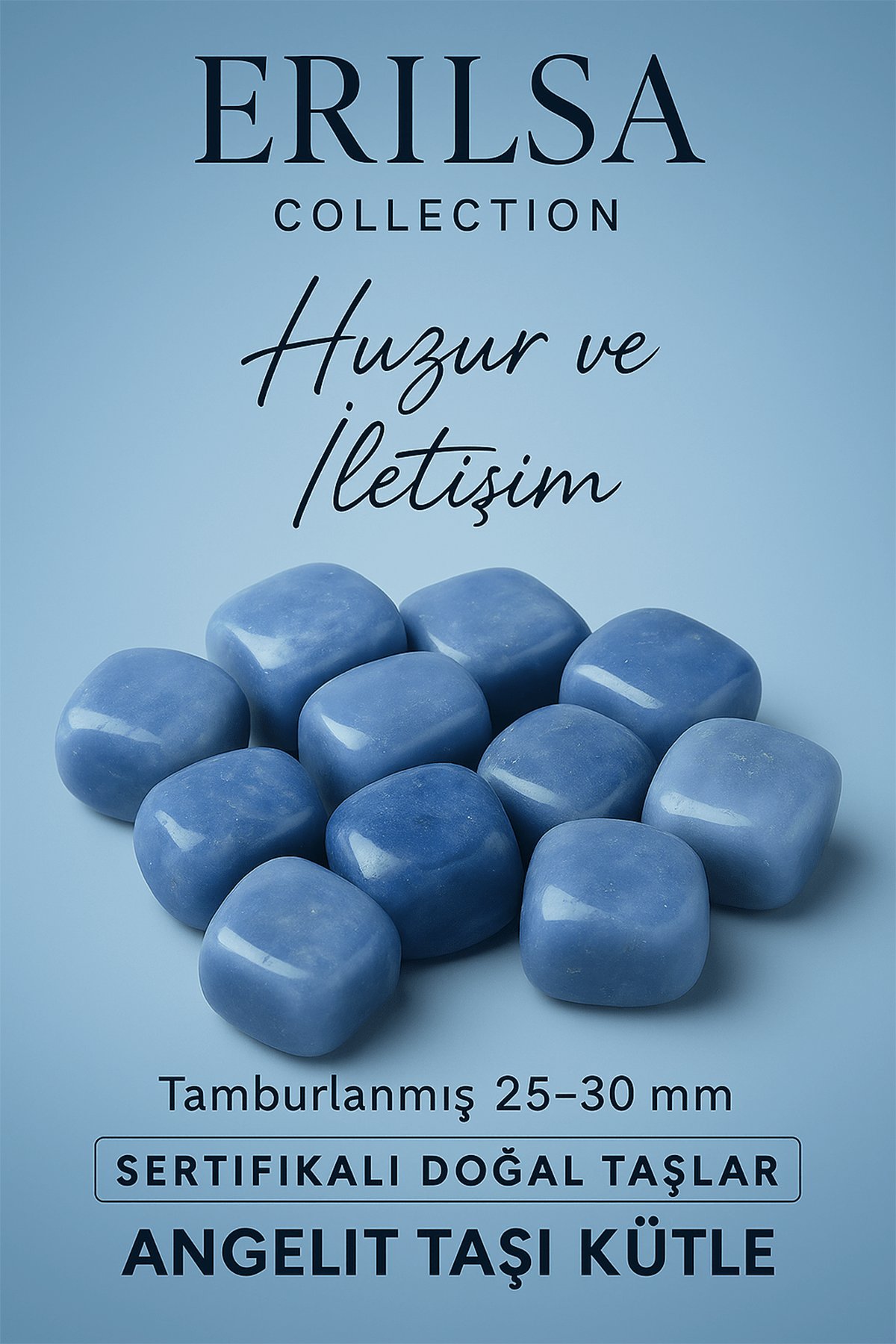 Sertifikalı Doğal Angelit Taşı Kütle 25-30 mm - Tamburlanmış Huzur ve İletişim Melek Taşı