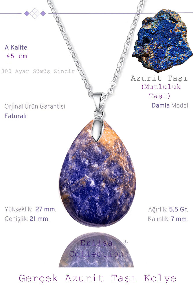 Sertifikalı Damla Model Azurit Taşı Kolye (GÜMÜŞ APARATLI)