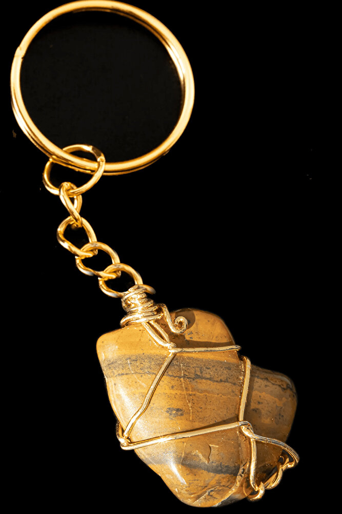 Sertifikalı Tel Sargılı Kaplan Gözü Taşı Anahtarlık - Altın Kaplama