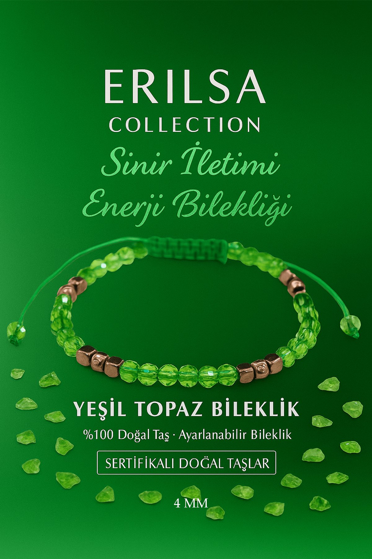 Sertifikalı Sinir İletimi ve Enerji Akışı Destekleyici Bilekliği - Yeşil Topaz Terahertz Doğal Taş