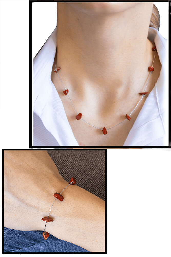 Sertifikalı Kırmızı Jasper Taşlı Doğal Taş Kolye Bileklik Seti