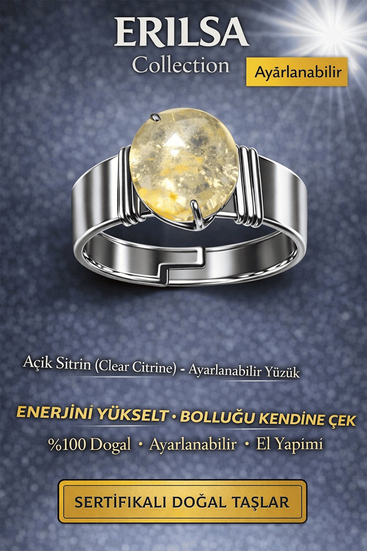 Sertifikalı Açık Şeffaf Sitrin Doğal Taş Ayarlanabilir Yüzük – Bolluk ve Bereket Taşı El Yapımı