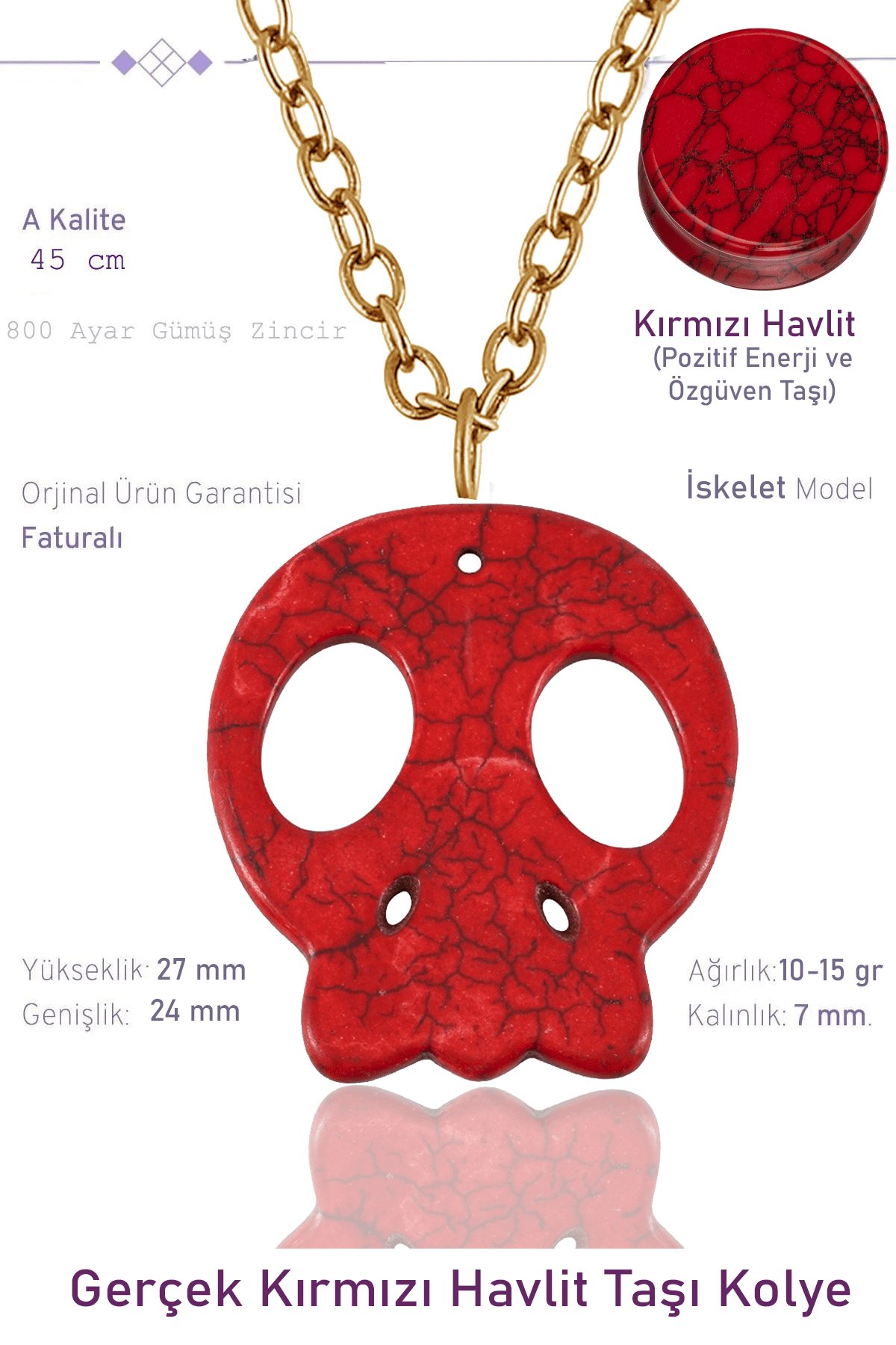 Sertifikalı İskelet Model Kırmızı Havlit Taşı Kolye - 24k Altın Kaplama