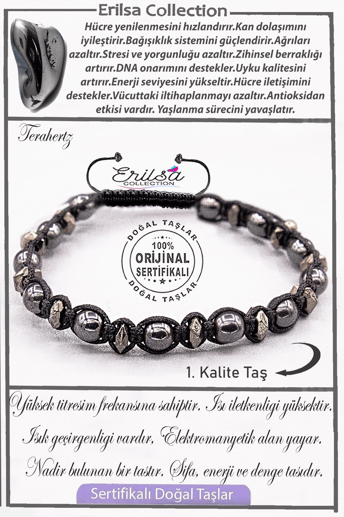 Sertifikalı AAA+ Kalite Gerçek Orijinal Terahertz Taşı Bileklik - Titreşim Taşı