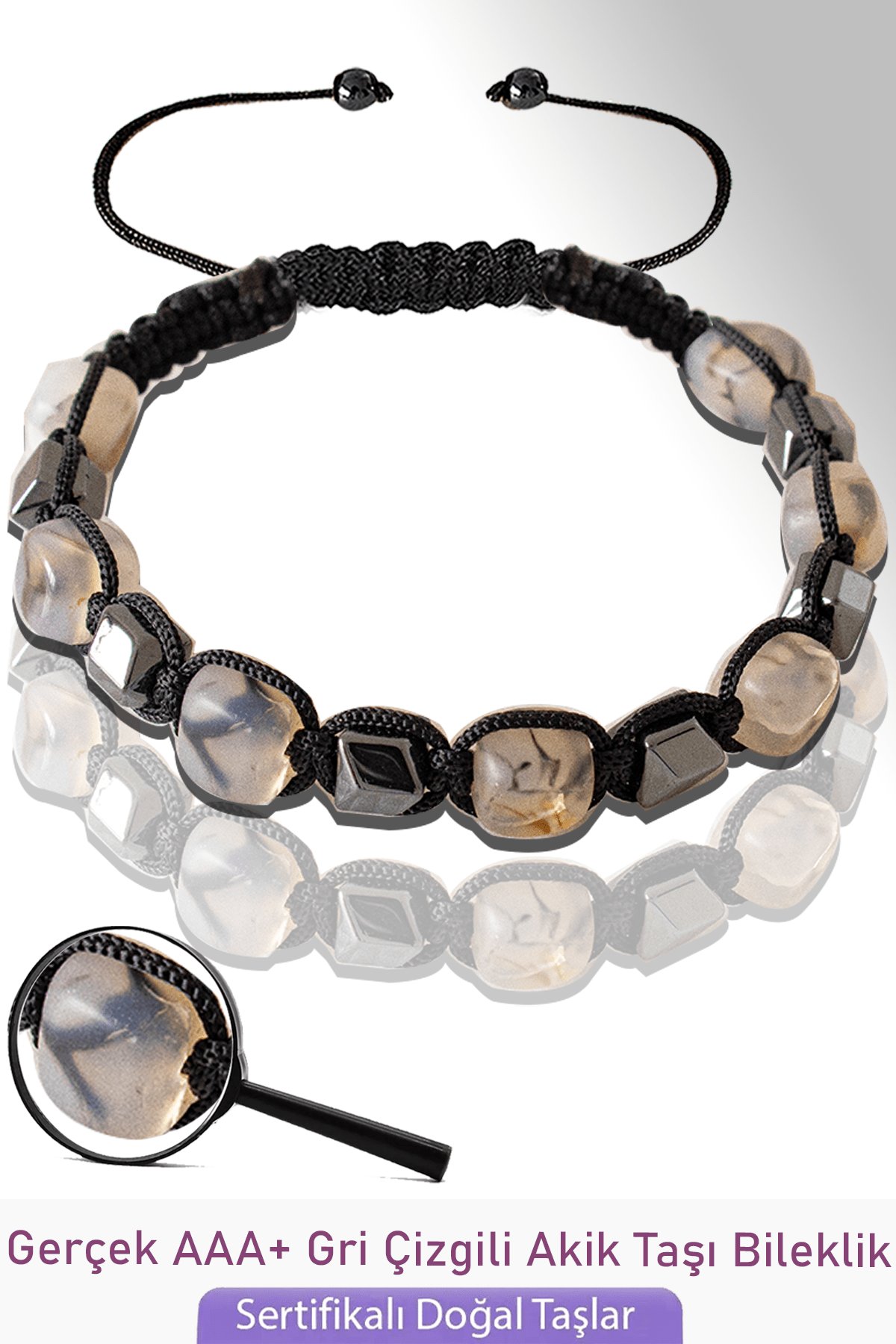 Sertifikalı Küp Model Gerçek Gri Çizgili Akik Taşı Bileklik - Ayarlamalı