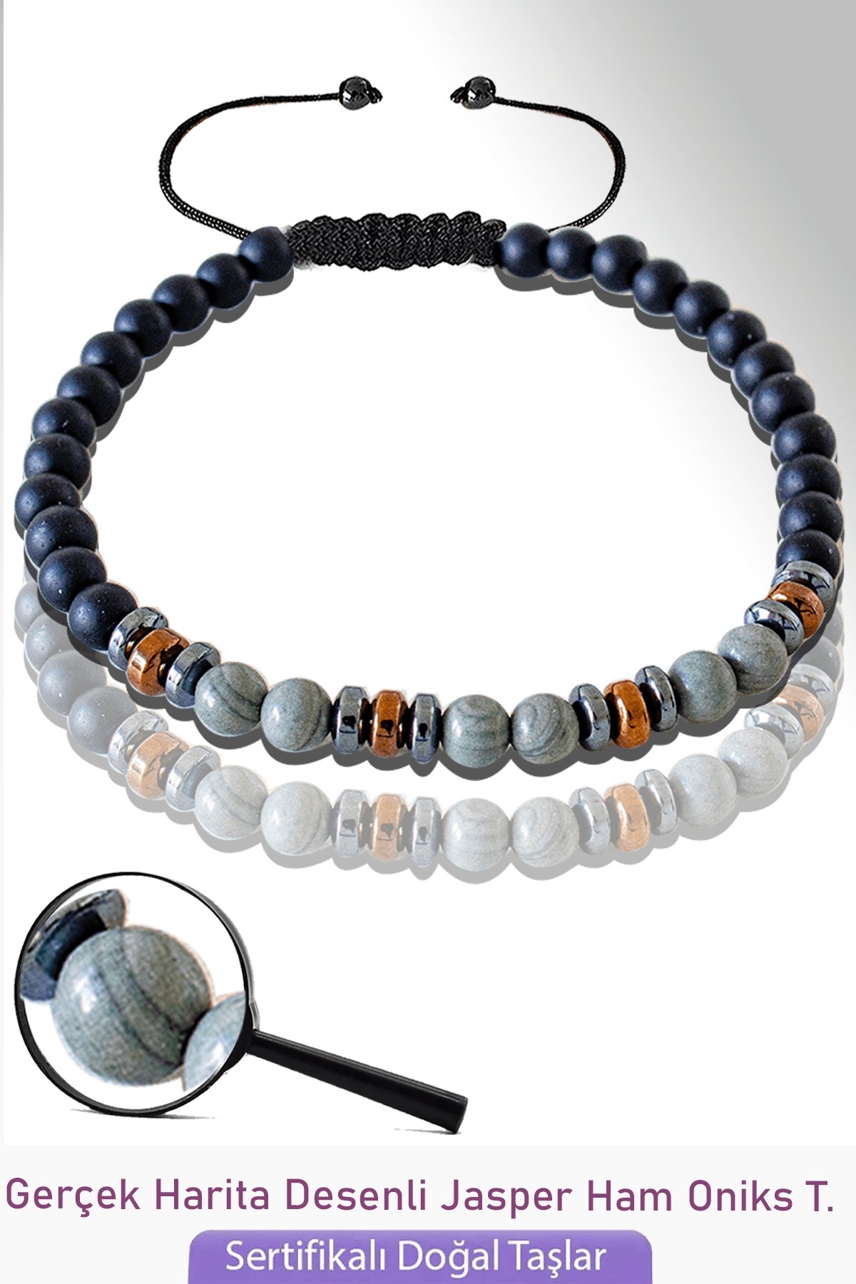 Sertifikalı Gerçek Oniks - Hematit - Harita Jasper Taşı Bileklik - Ayarlamalı