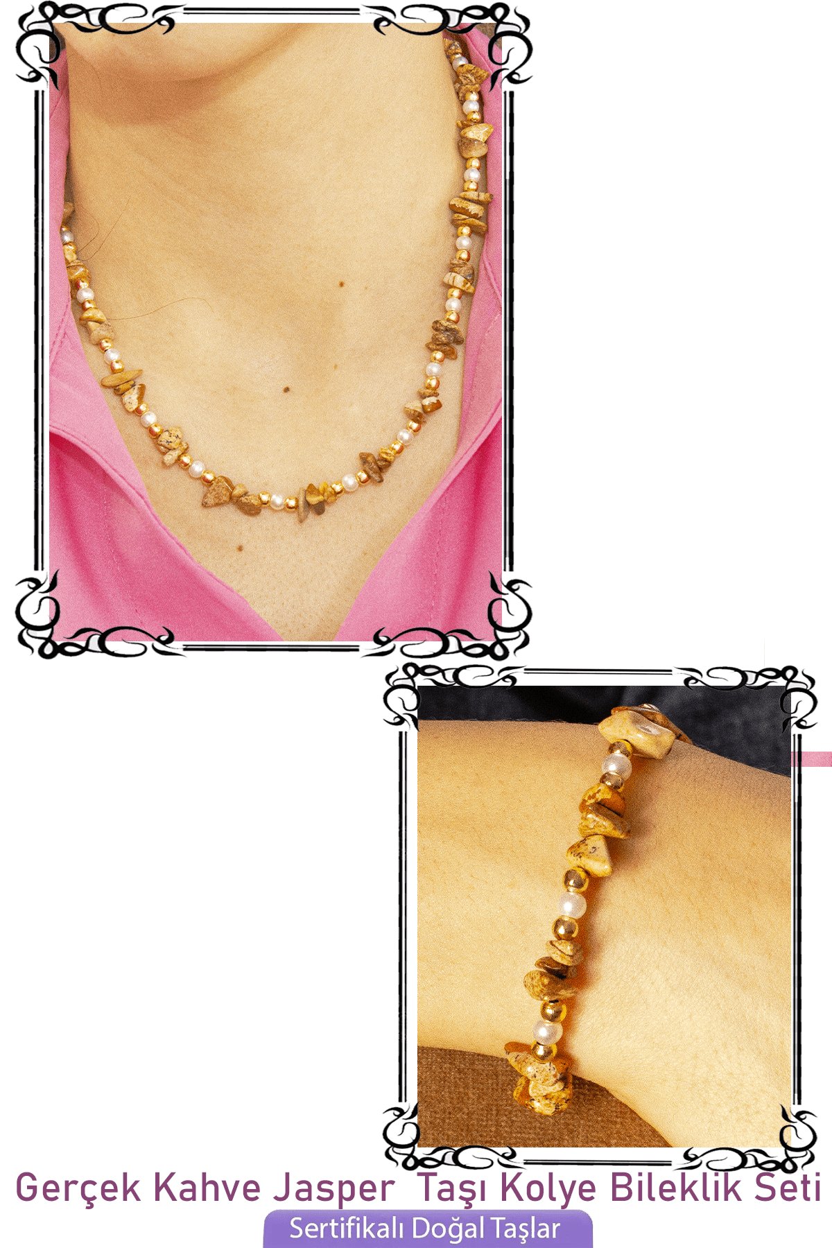 Sertifikalı İncili Kahverengi Jasper Taşlı Doğal Taş Kolye Bileklik Seti