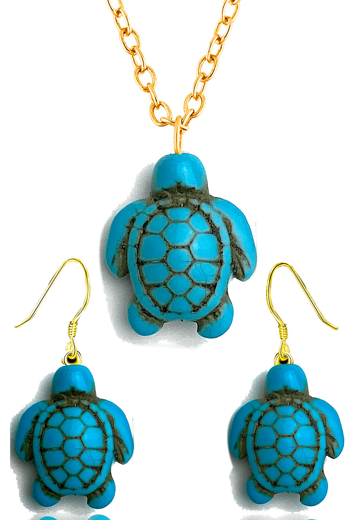 Sertifikalı Gold Kaplumbağa Model Gerçek Firuze Taşı Kolye ve Küpe Seti