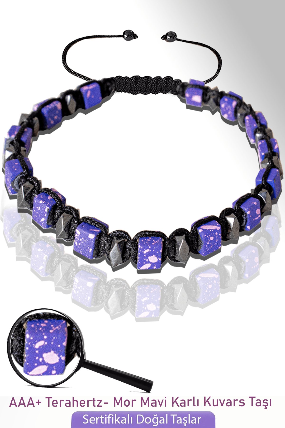 Sertifikalı Küp Model Mor Karlı Kuvars Taşı Bileklik - Ayarlamalı